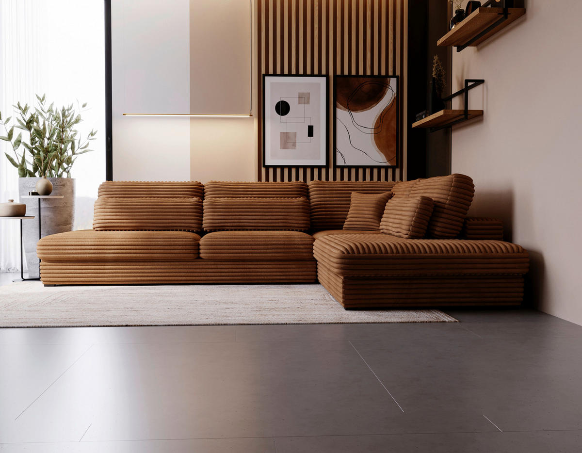 ECKSOFA Cord, Plüsch Rostfarben  - Rostfarben/Schwarz, Design, Kunststoff/Textil (332/244cm) - Livetastic