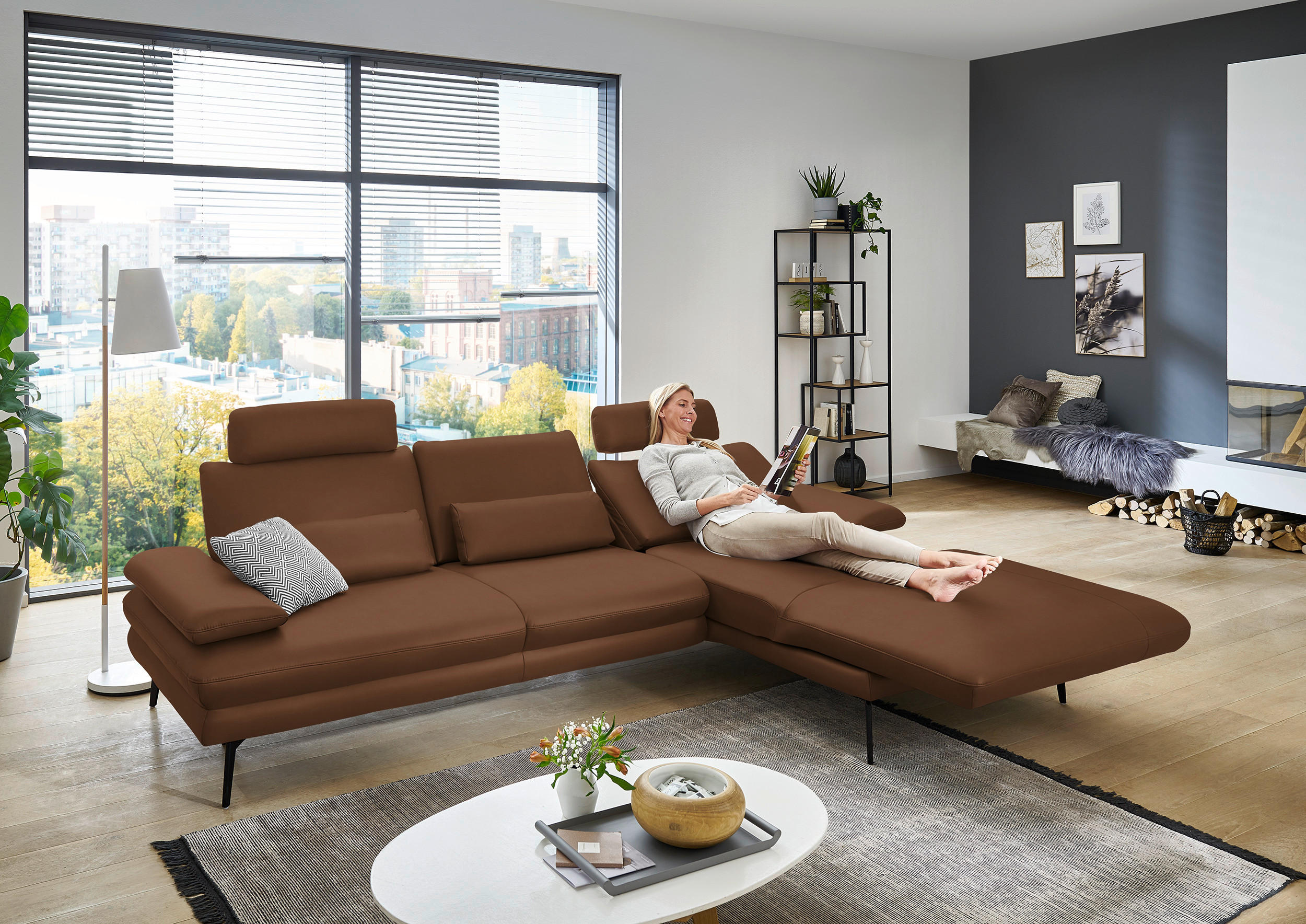 ECKSOFA in Echtleder Hellbraun  - Hellbraun/Schwarz, Design, Leder/Metall (310/180cm) - Dieter Knoll