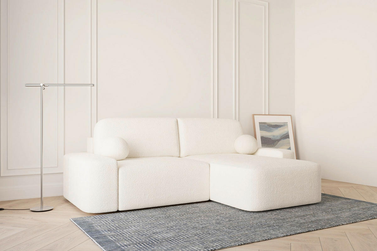 ECKSOFA OVAL Elfenbein Bouclé Rückenkissen, Schlaffunktion, Rücken echt, Stauraum  - Elfenbein/Schwarz, Design, Kunststoff/Textil (268/110cm) - MID.YOU