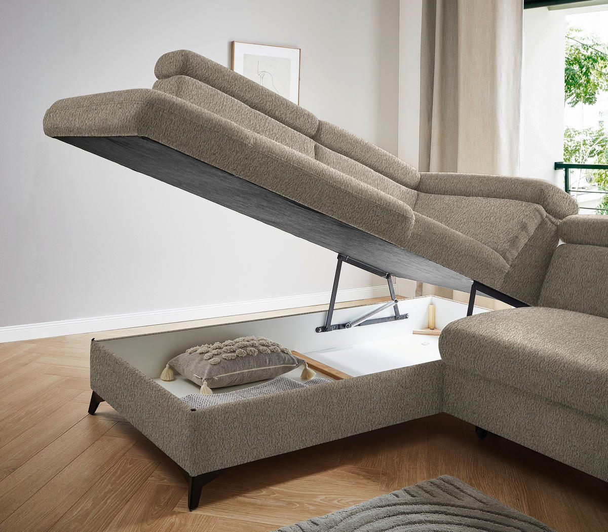 ECKSOFA in Teddystoff Greige  - Greige/Schwarz, Design, Textil/Metall (203/260cm) - Stylife
