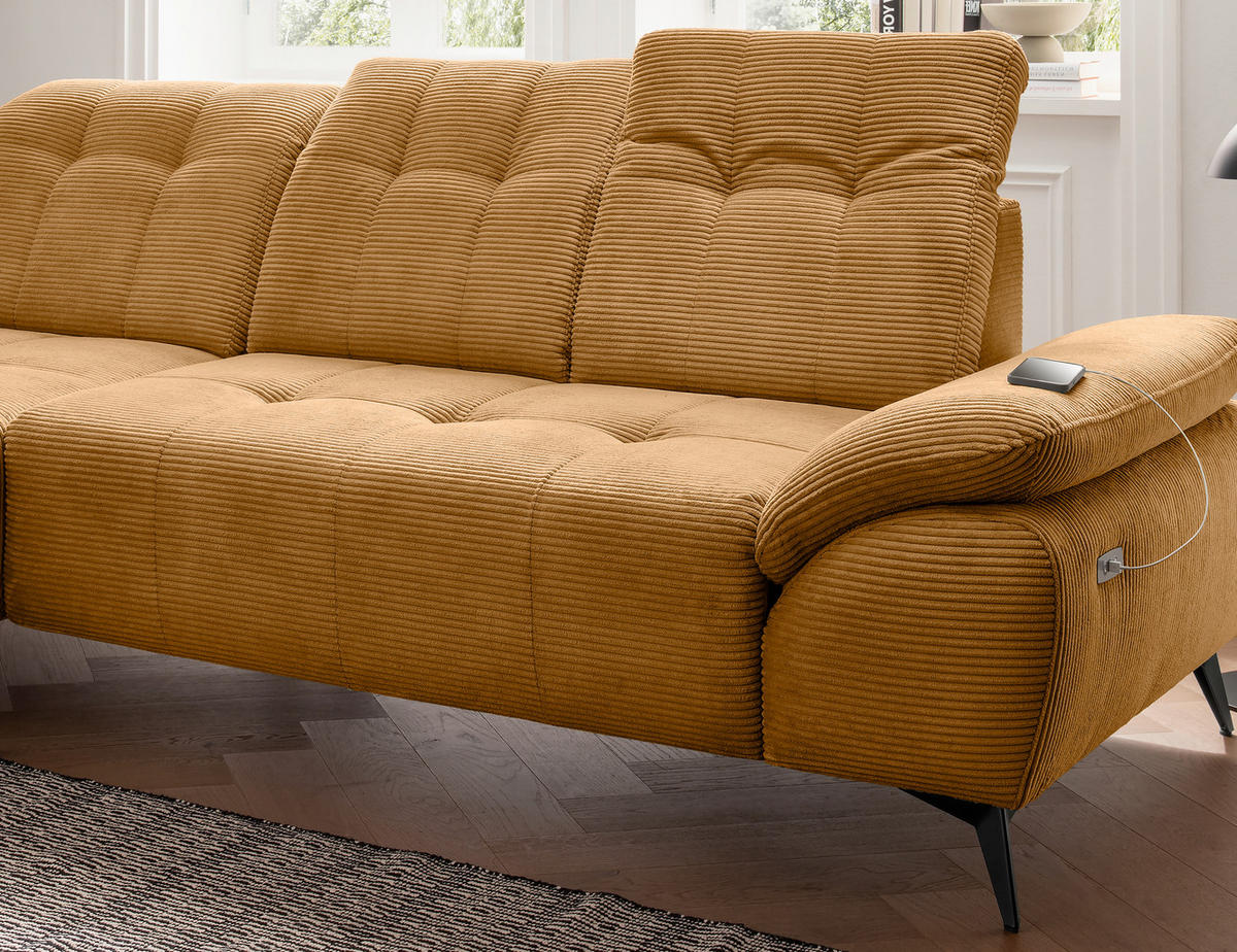 ECKSOFA FIORE in Cord Goldfarben Kopfteilverstellung, Sitzvorzug  180/280 cm  - Goldfarben/Schwarz, MODERN, Textil/Metall (180/280cm) - Livetastic
