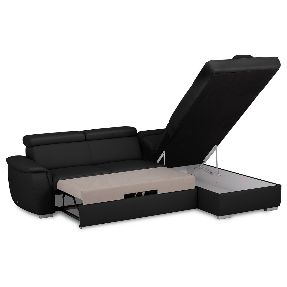 ECKSOFA  in Lederlook Echtleder Schwarz  - Silberfarben/Schwarz, Leder/Holz (262/211cm) - Celina Home