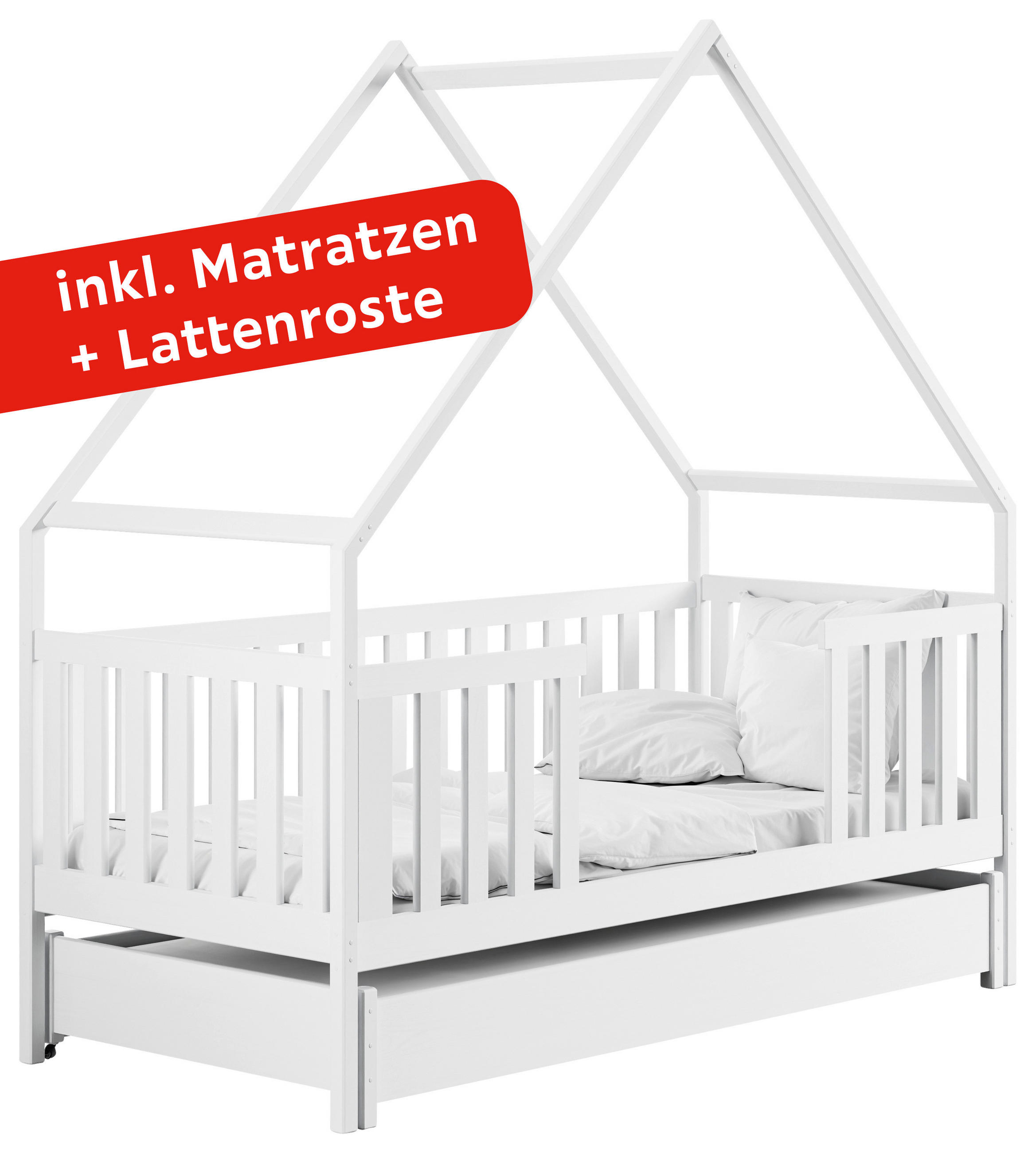 HAUSBETT 90/200 cm,  in Weiß, Lattenrost, Matratzen  - Birkefarben/Weiß, Basics, Holz/Holzwerkstoff (90/200cm) - Boxxx
