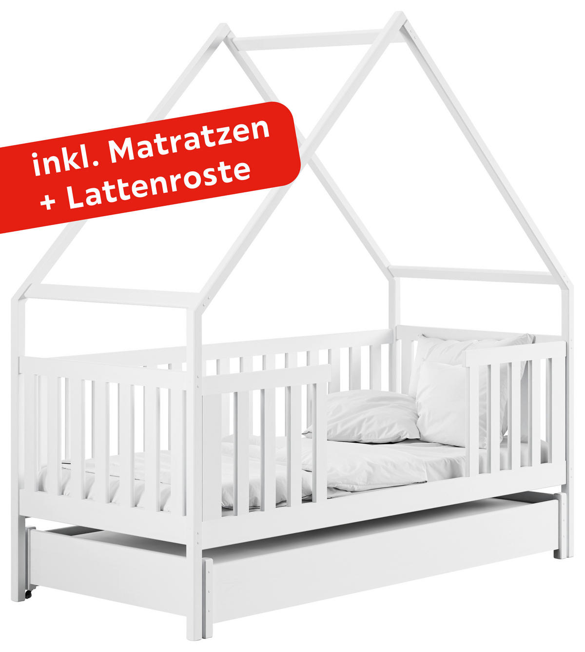HAUSBETT 90/200 cm,  in Weiß, Lattenrost, Matratzen  - Birkefarben/Weiß, Basics, Holz/Holzwerkstoff (90/200cm) - Boxxx