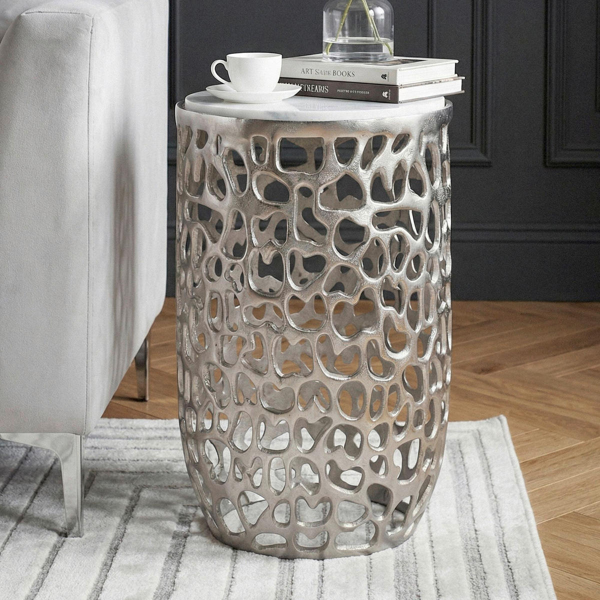 BEISTELLTISCH in Metall  - Silberfarben, Design, Stein/Metall (30/50/30cm) - Livetastic