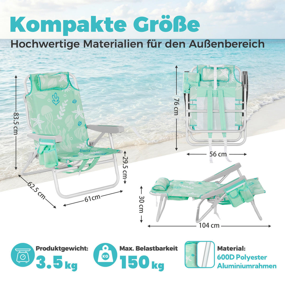 STRANDSTUHL Aluminium Alufarben, Mintgrün  - Alufarben/Mintgrün, Basics, Textil/Metall (61/62.5/83.5cm) - Modante