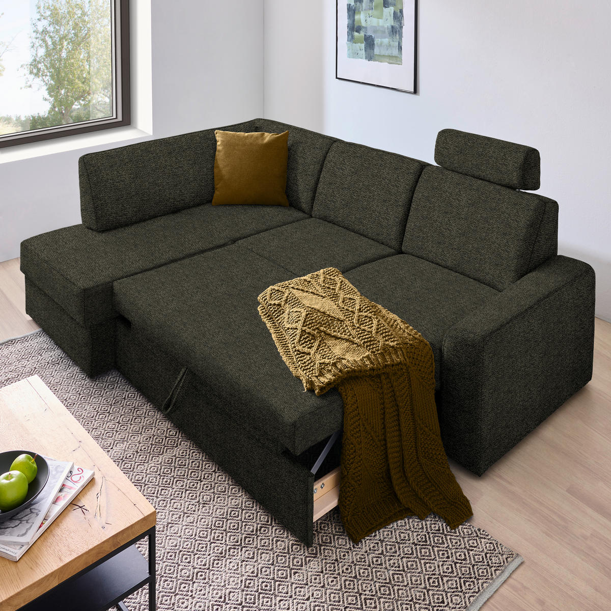 ECKSOFA in Webstoff Dunkelgrün  - Dunkelgrün/Schwarz, Konventionell, Kunststoff/Textil (165/224cm) - Xora
