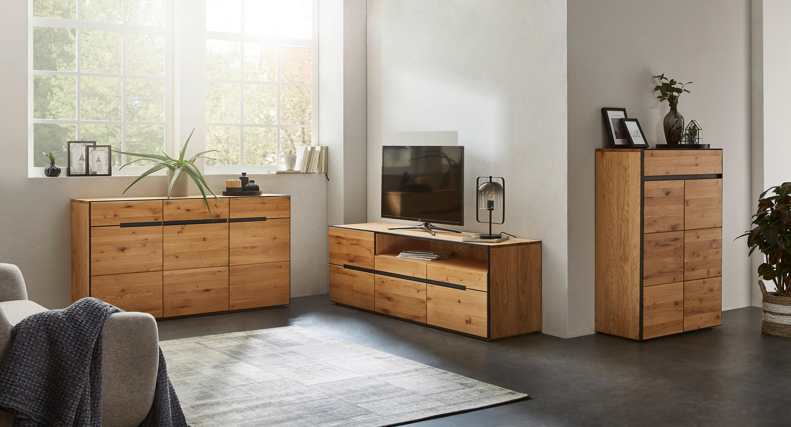 KOMMODE 165/85/42 cm Wildeiche furniert, massiv, teilmassiv - Eichefarben/Anthrazit, KONVENTIONELL, Holz/Holzwerkstoff (165/85/42cm) - Linea Natura