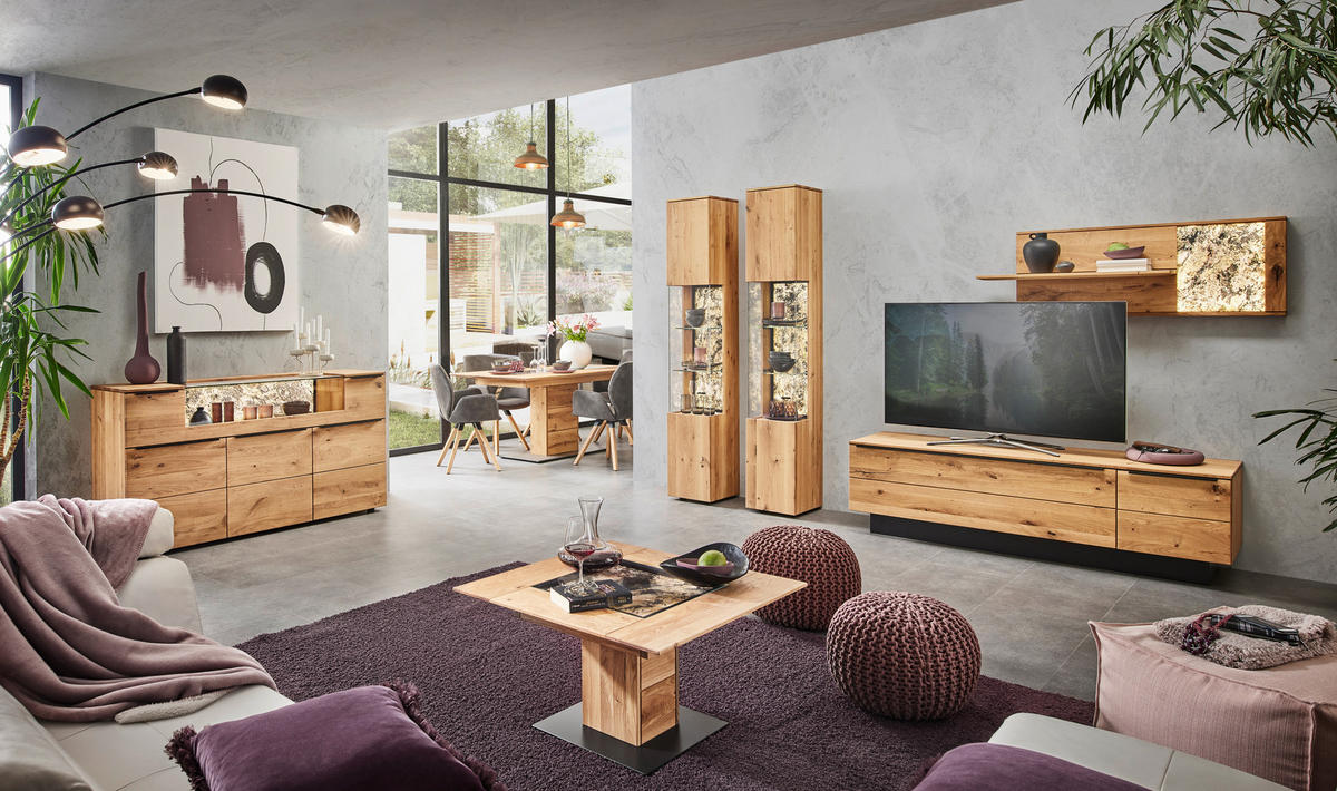 WOHNWAND  in Eichefarben  298/205,7/53,7 cm  - Eichefarben/Schwarz, Natur, Glas/Holz (298/205,7/53,7cm) - Valnatura