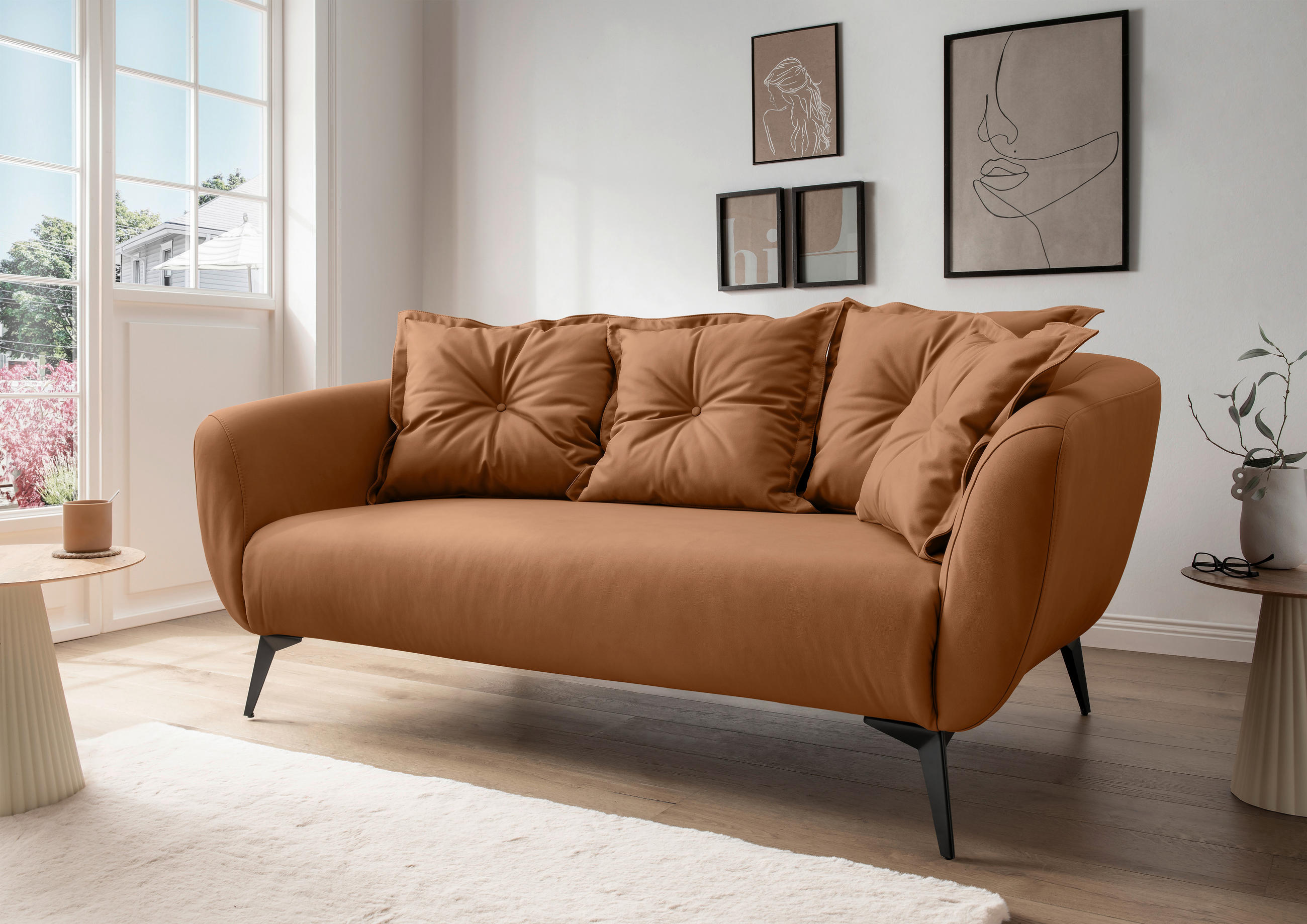 2,5-SITZER Lederlook Cognac  - Cognac/Schwarz, MODERN, Textil/Metall (196/94/103cm) - Livetastic