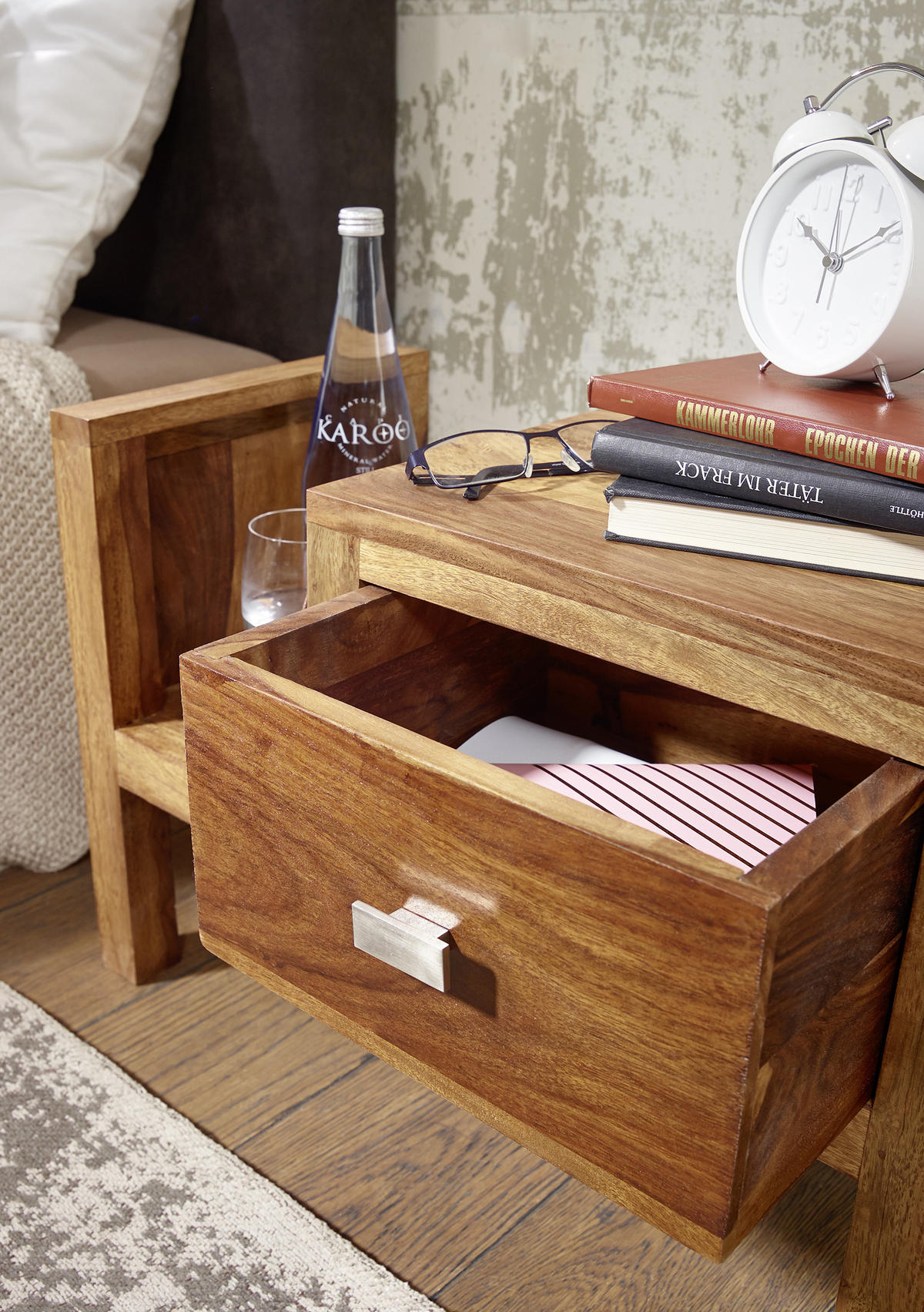 NACHTSCHRANK Sheesham massiv  - Chromfarben/Sheeshamfarben, KONVENTIONELL, Holz/Metall (60/40/30cm) - MID.YOU