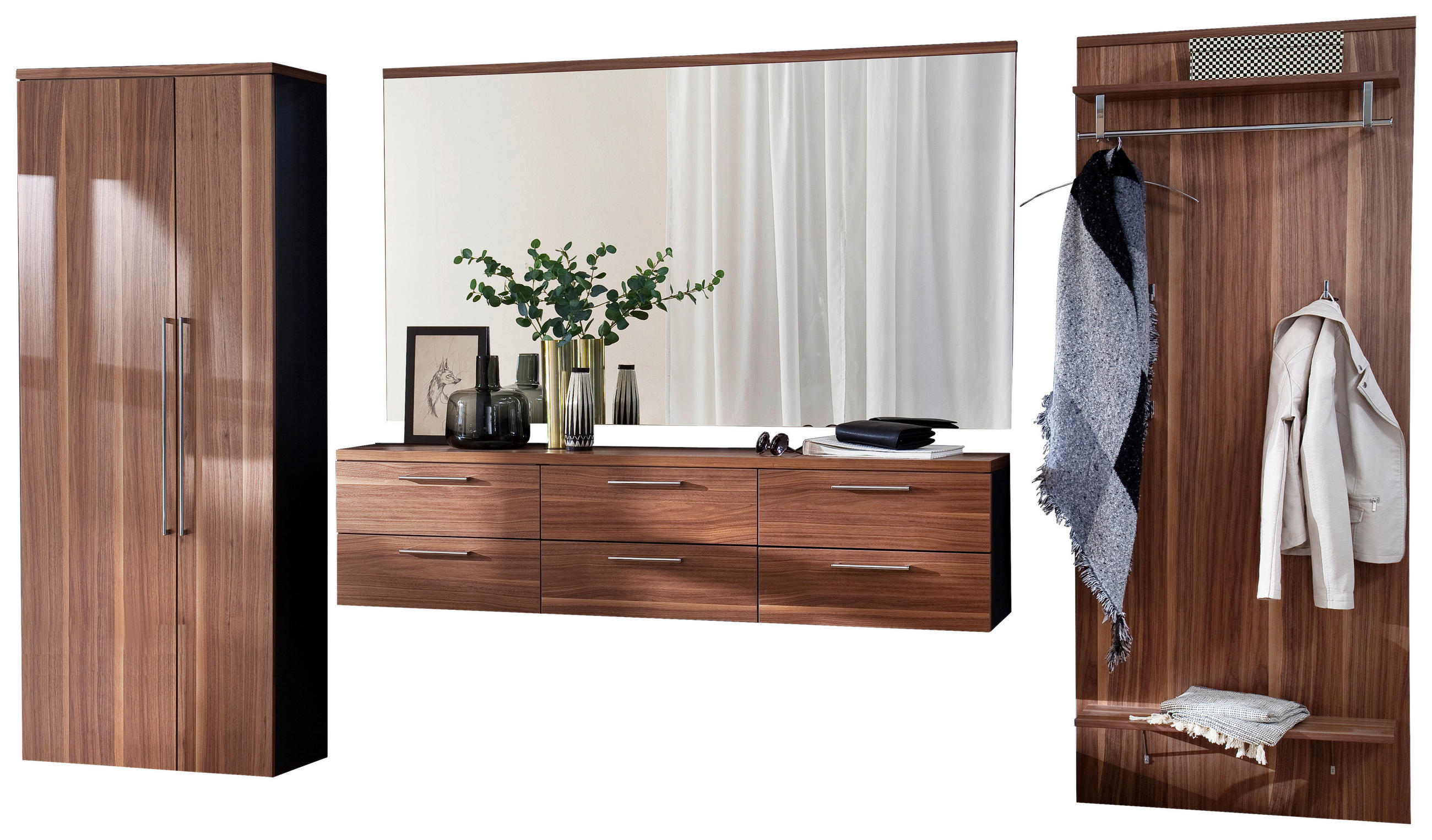 GARDEROBE 4-teilig  in 373/201/35 cm  - Anthrazit/Nussbaumfarben, Design, Glas/Holz (373/201/35cm) - Moderano