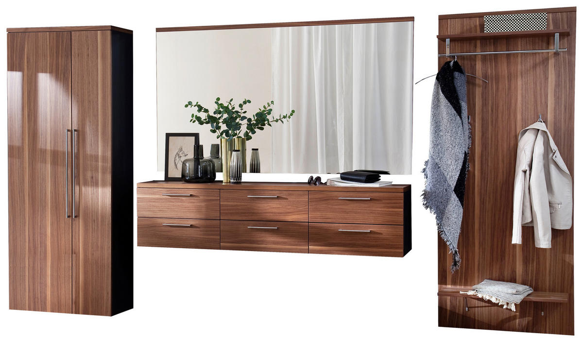 GARDEROBE 4-teilig  in 373/201/35 cm  - Anthrazit/Nussbaumfarben, Design, Glas/Holz (373/201/35cm) - Moderano