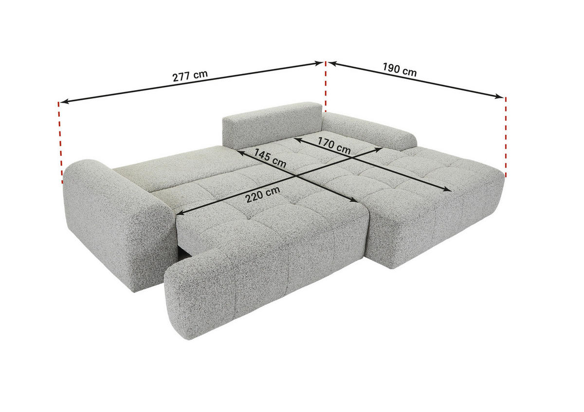 Ecksofa mit Funktion Grau Flachgewebe Zierkissen, Rückenkissen, Bettkasten, Schlaffunktion, Rücken echt, Liegefläche im Originalstoff  - Schwarz/Grau, KONVENTIONELL, Kunststoff/Textil (190/277cm) - Carryhome