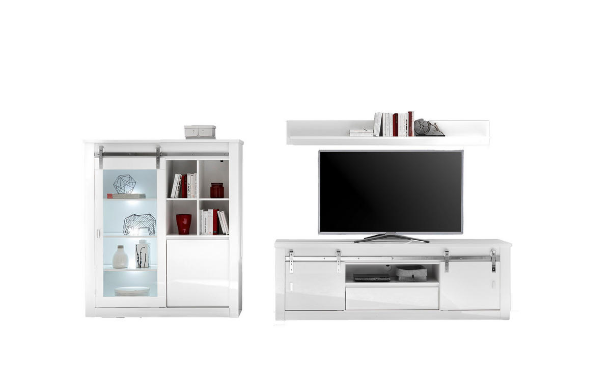 WOHNWAND 3-teilig  in Weiß, Weiß Hochglanz  349/170/43 cm  - Chromfarben/Weiß Hochglanz, Design, Holzwerkstoff/Metall (349/170/43cm) - Livetastic