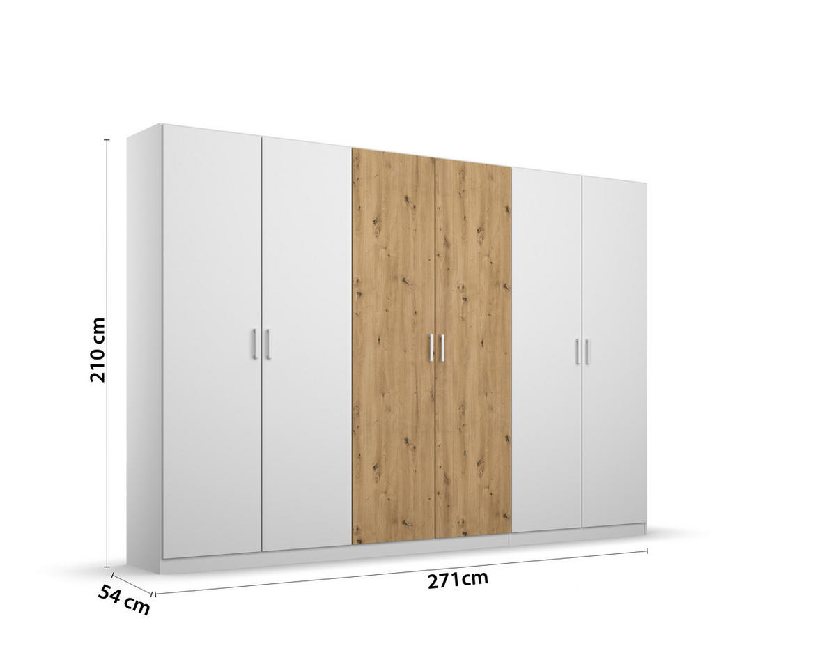 DREHTÜRENSCHRANK  in Weiß, Eiche Artisan  - Weiß/Eiche Artisan, MODERN, Holzwerkstoff/Kunststoff (271/210/54cm) - Rauch Möbel