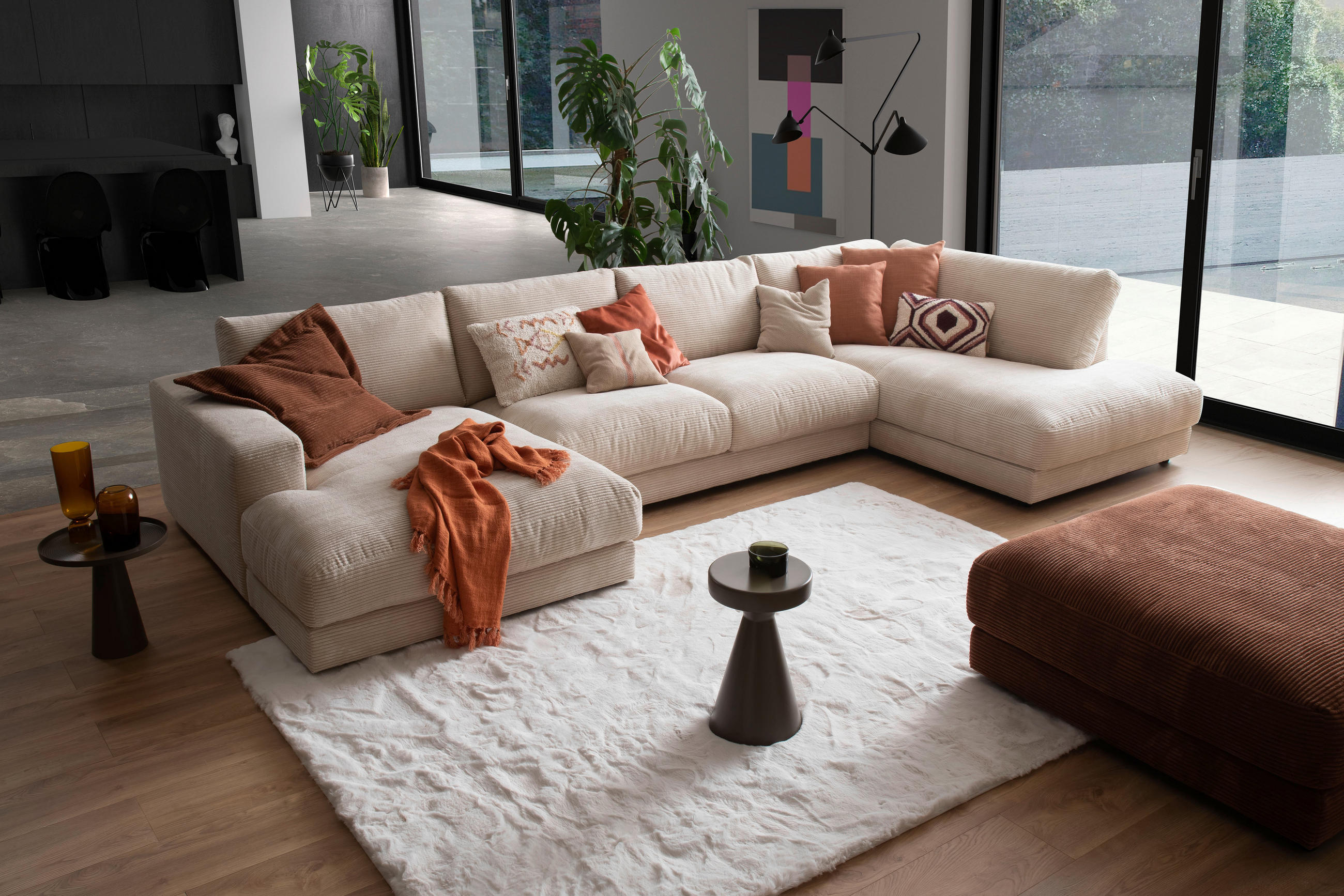 WOHNLANDSCHAFT Creme Cord - Creme/Schwarz, Design, Kunststoff/Textil (190/425/224cm) - Hom`in