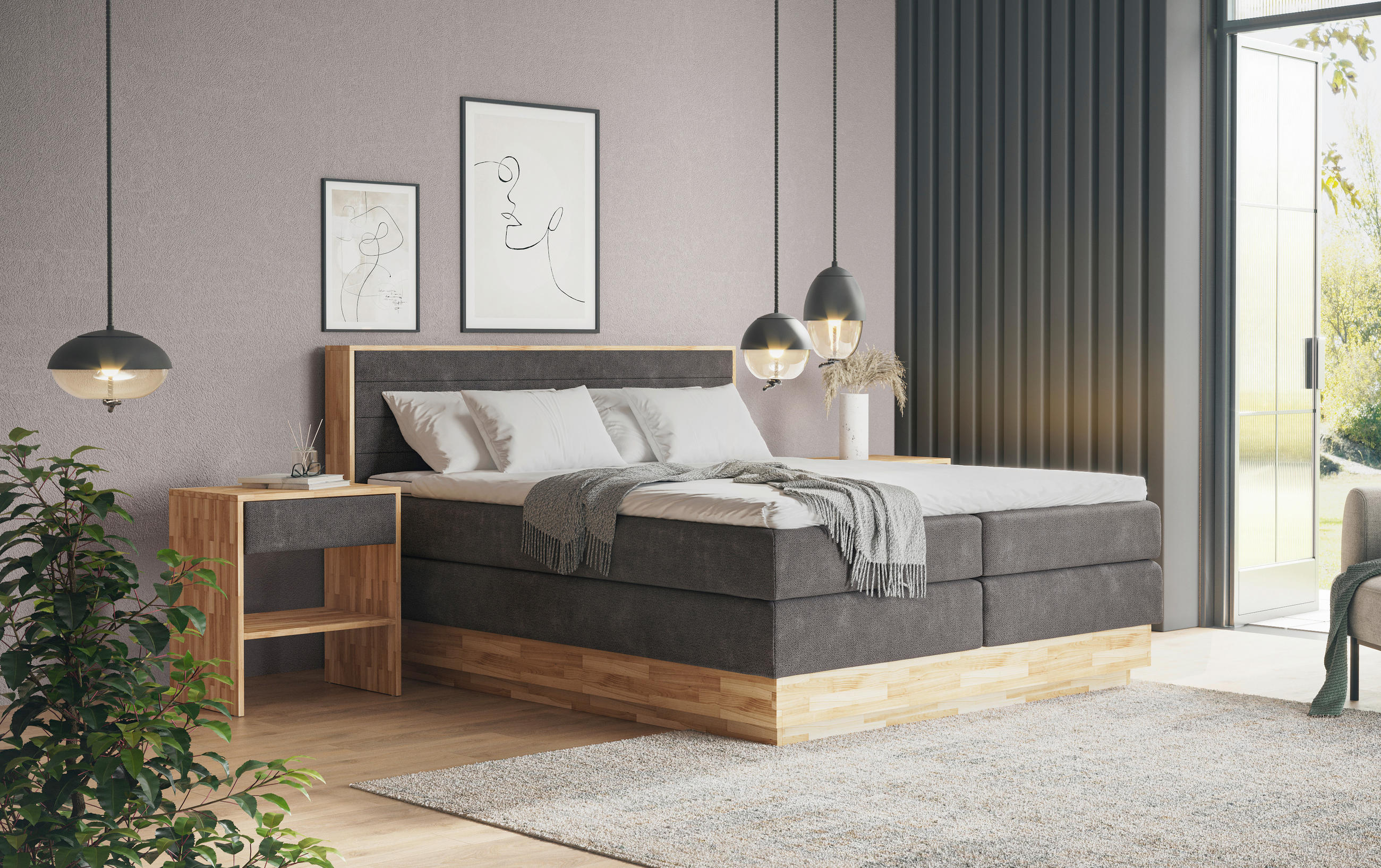 BOXSPRINGBETT 180/200 cm,  in Graphitfarben, Taupe, Eichefarben, Matratze, gepolstertes Kopfteil, Bettkasten, Topper, H3 + H3 = fest  - Taupe/Eichefarben, MODERN, Holz/Kunststoff (180/200cm) - Livetastic