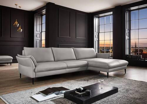 ECKSOFA Hellgrau Echtleder  - Hellgrau/Schwarz, Design, Leder/Metall (334/172cm) - Hukla
