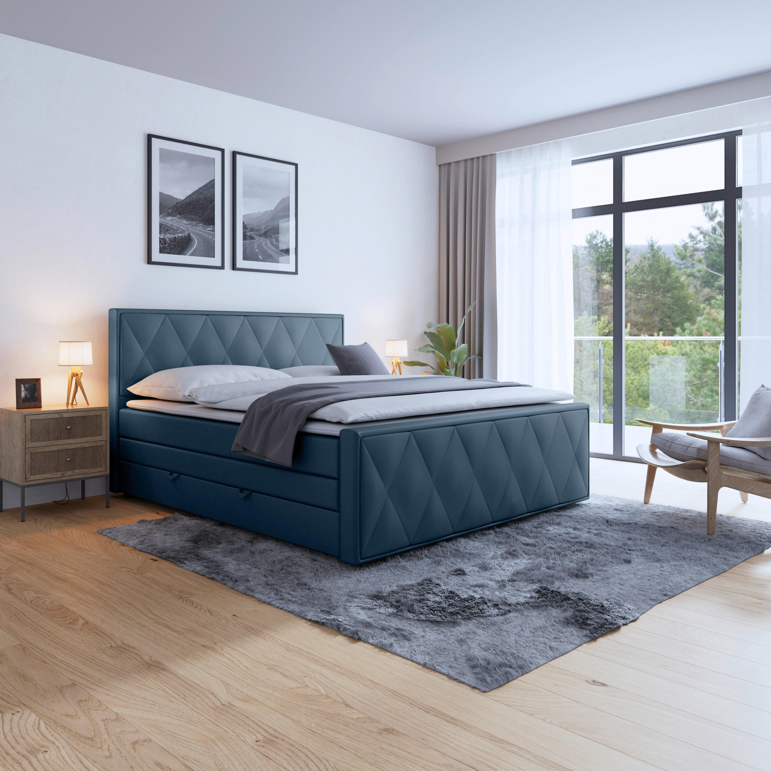 Pat Boxspring, 180/200 cm, albastru
