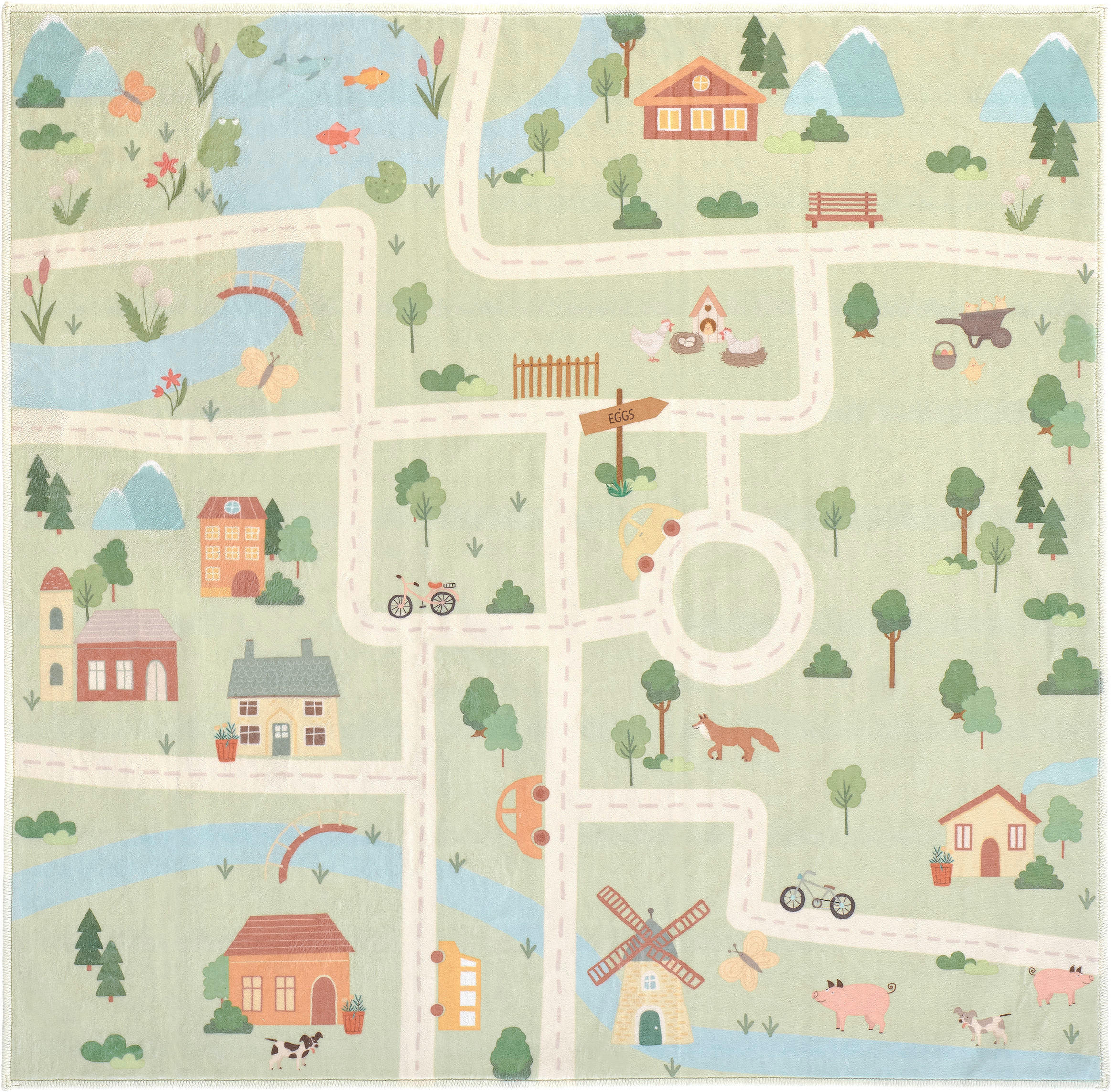 Lindorug Kinderteppich Living Ecovia Pastellblau, Salbeigrün, Aprikose 120x120 cm