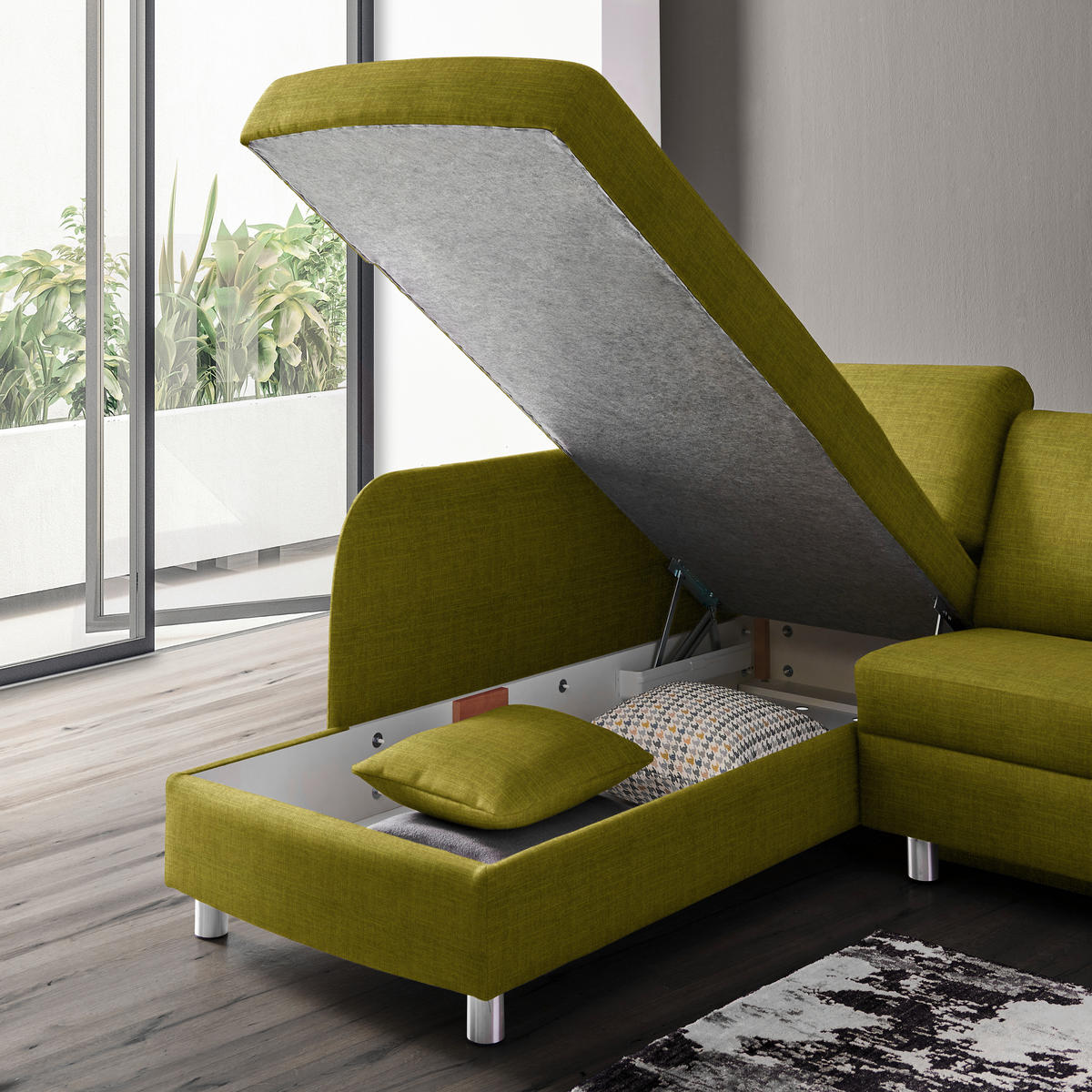 ECKSOFA in Chenille Grün  208/227 cm  - Alufarben/Grün, KONVENTIONELL, Textil/Metall (208/227cm) - Sedda