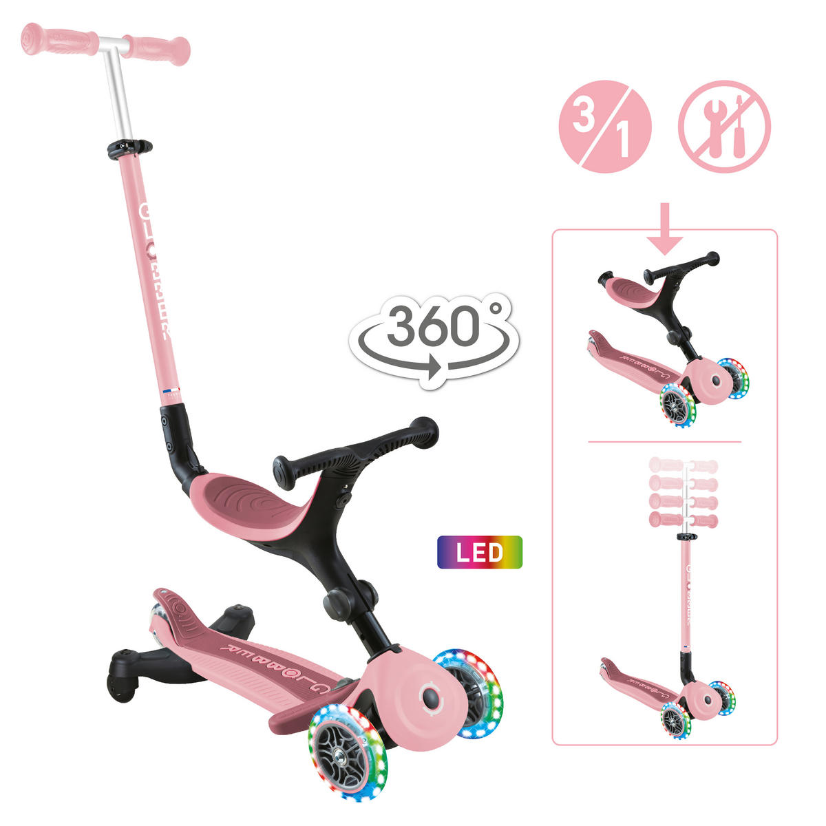 LAUFRAD GO-UP ACTIVE LIGHTS 360  - Rosa, Basics, Kunststoff/Metall (67/29/100cm) - GLOBBER