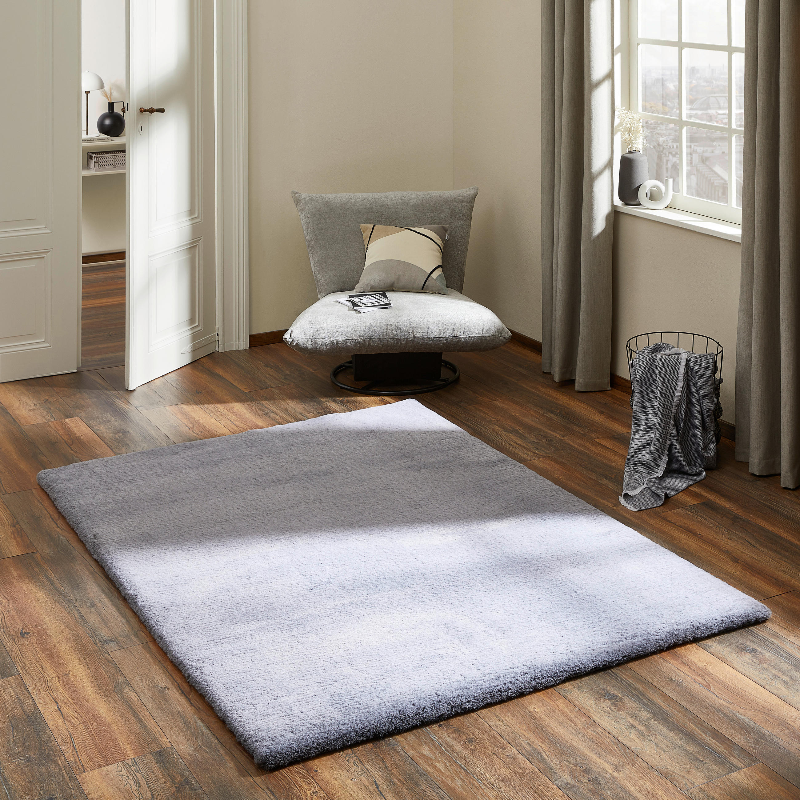 Thumbnail - Novel Hochflorteppich, Silber, Textil, Uni, oval, 130x190 cm, Oeko-Tex® Standard 100, für Fußbodenheizung geeignet, Tepp...