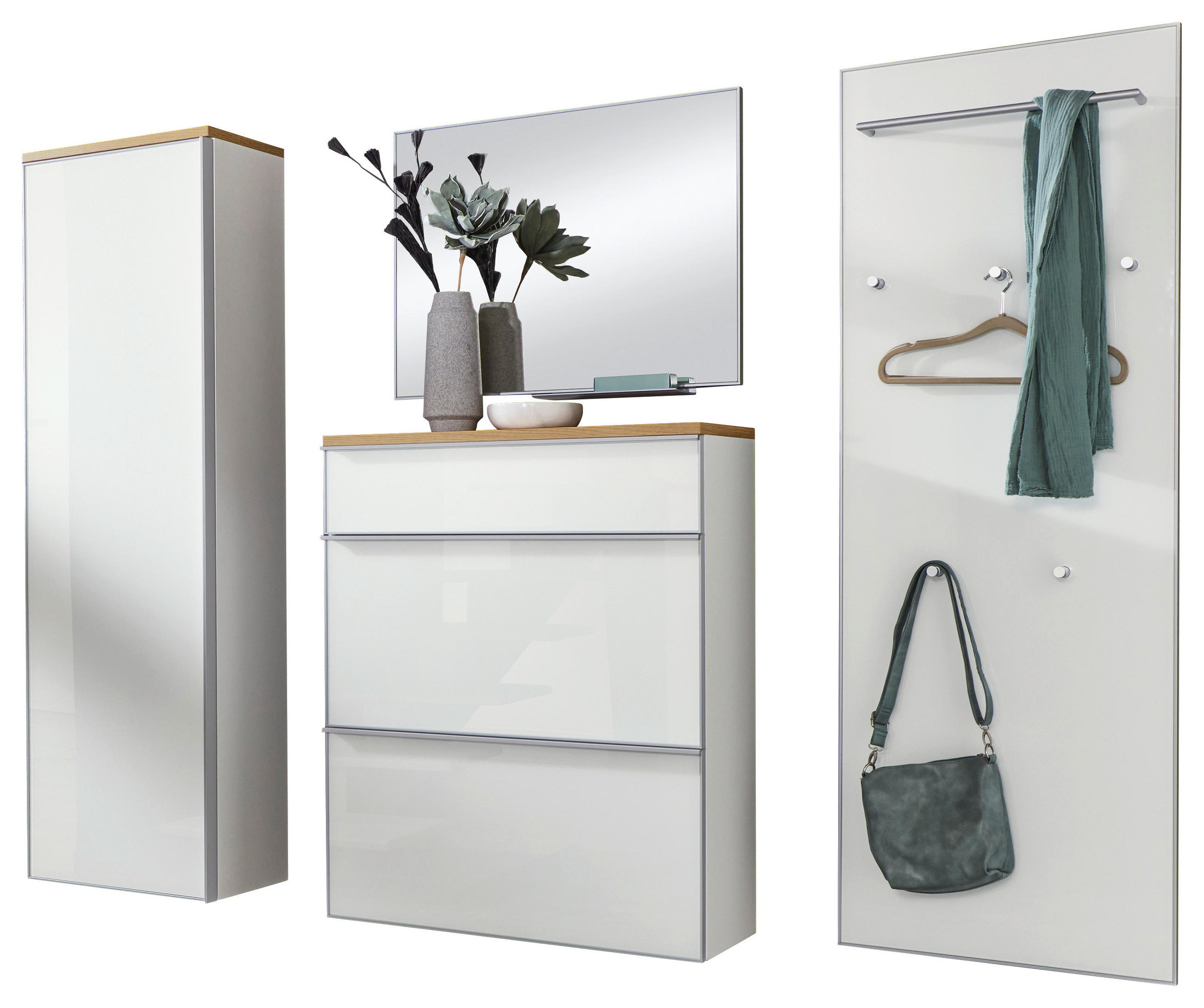 GARDEROBE 5-teilig in 240/195/31 cm - Weiß, Design, Glas/Holz (240/195/31cm)