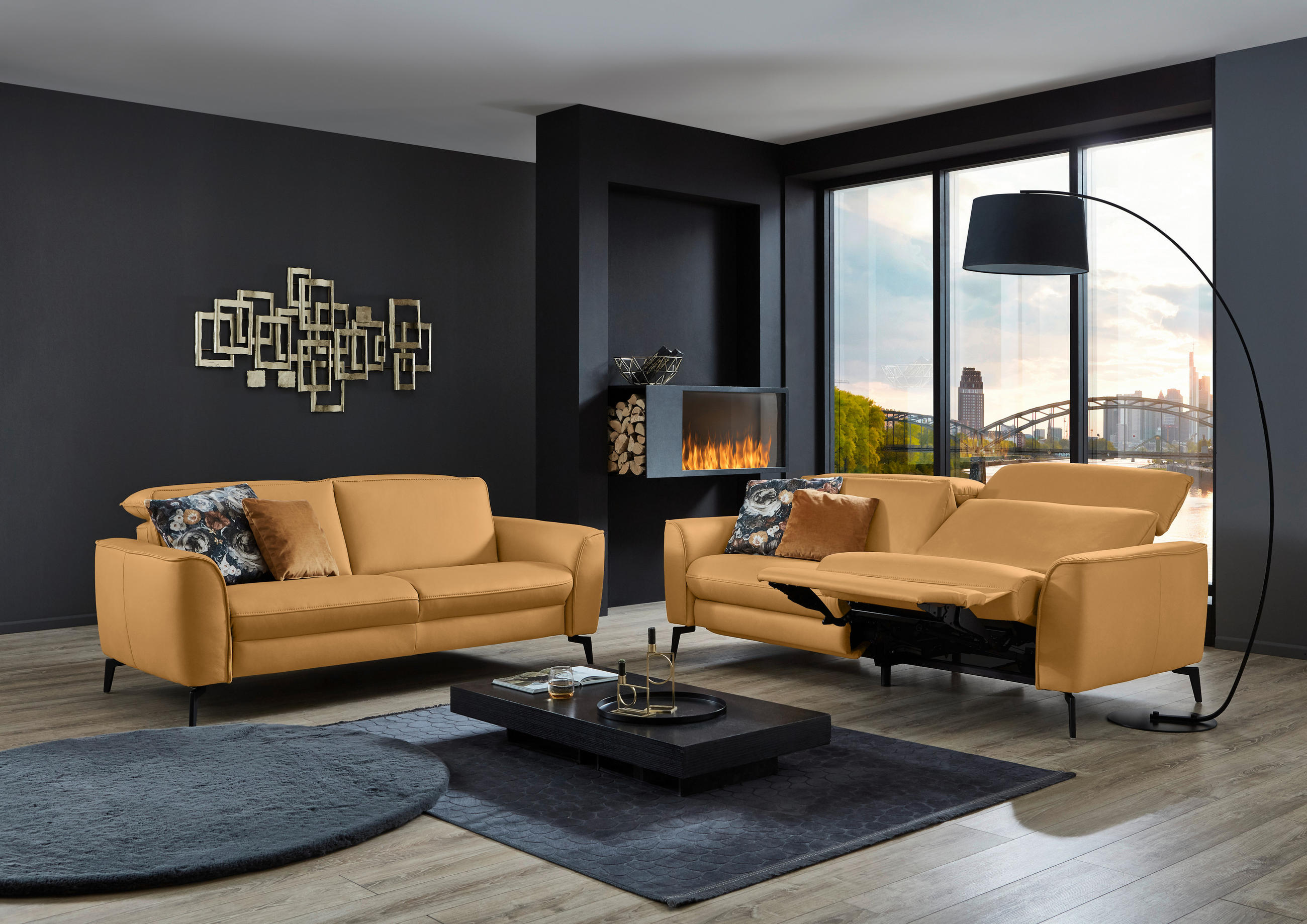 3-SITZER-SOFA in Leder Currygelb  - Currygelb/Schwarz, Natur, Leder/Metall (222/81/110cm) - Valdera