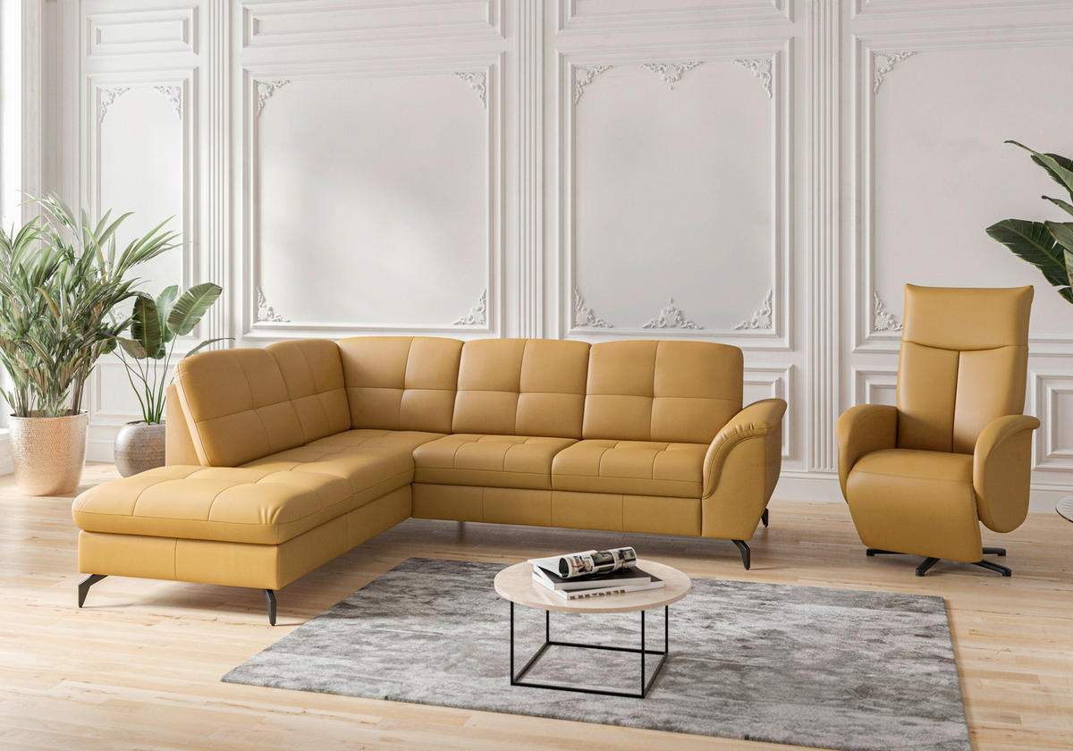ECKSOFA in Vliesstoff Kombination Echtleder/Stoff Currygelb  212/244 cm  - Currygelb/Schwarz, MODERN, Leder/Textil (212/244cm) - Sit & More
