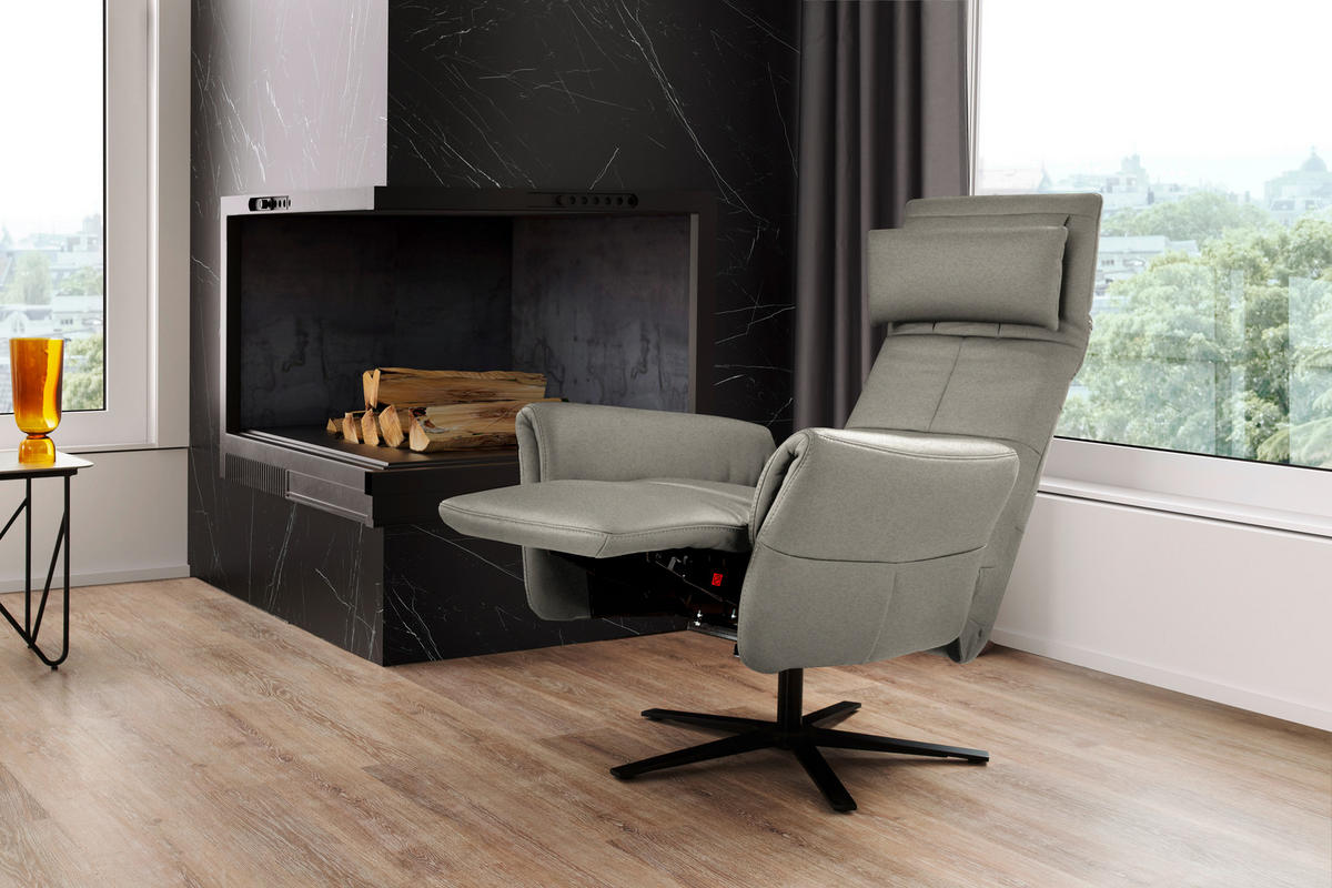 RELAXSESSEL Echtleder Relaxfunktion, Kopfteilverstellung, Nackenkissen    - Hellgrau/Schwarz, Design, Leder/Metall (81/118/82cm) - Schöner Wohnen