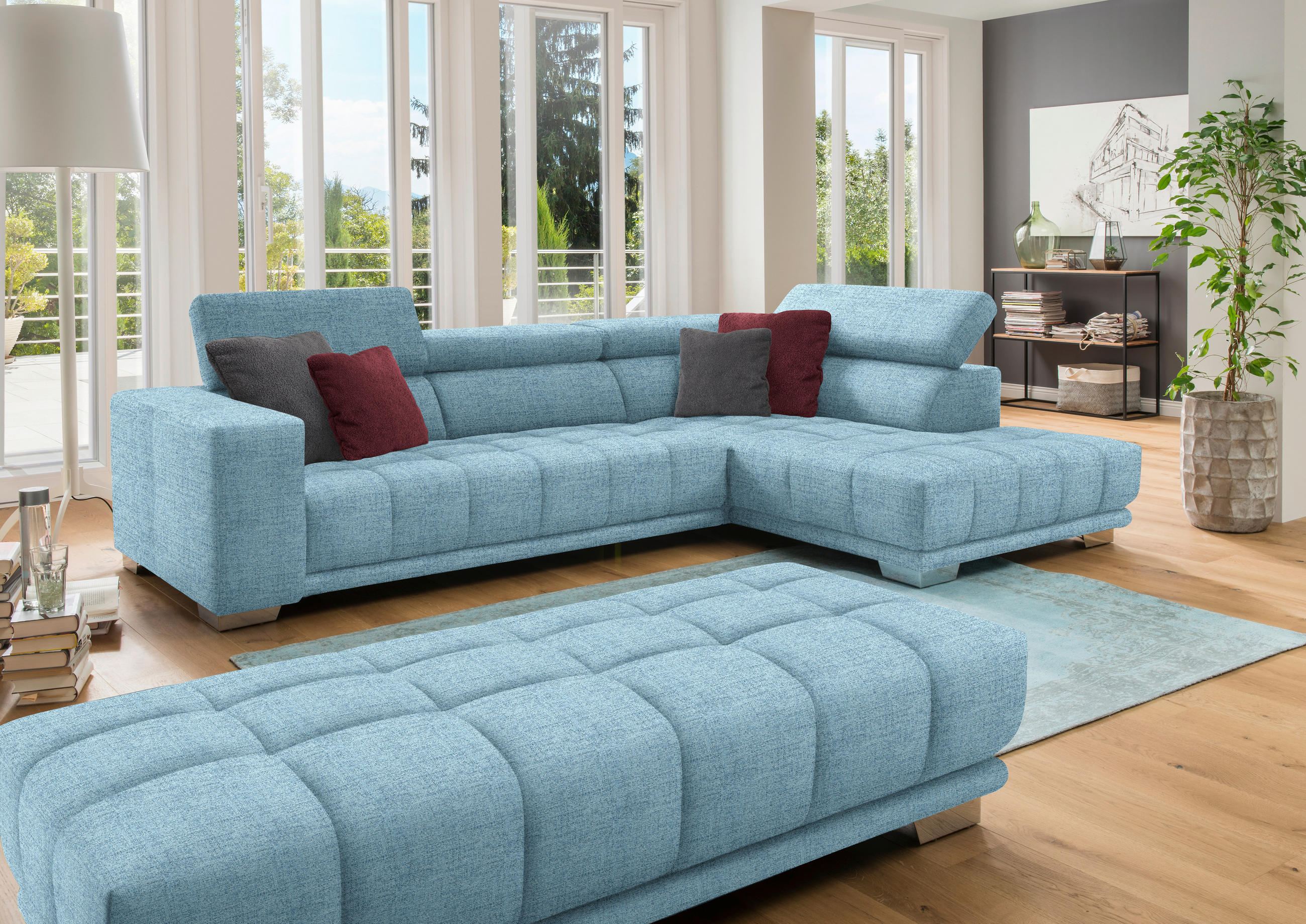 ECKSOFA in Chenille Hellblau  - Chromfarben/Hellblau, Design, Textil (301/207cm) - Xora