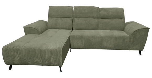 ECKSOFA Salbeigrün Cord  inkl. Rücken echt, Kopfteilverstellung, Sitzvorzug  - Salbeigrün/Schwarz, KONVENTIONELL, Textil/Metall (196/290cm) - Carryhome