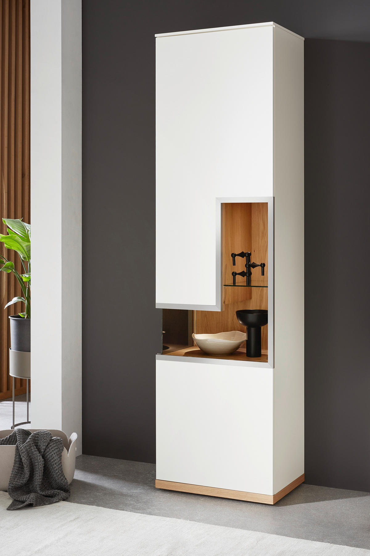 WOHNWAND  in Weiß, Eichefarben  290/218,3/52 cm  - Edelstahlfarben/Eichefarben, Design, Glas/Holz (290/218,3/52cm) - Dieter Knoll