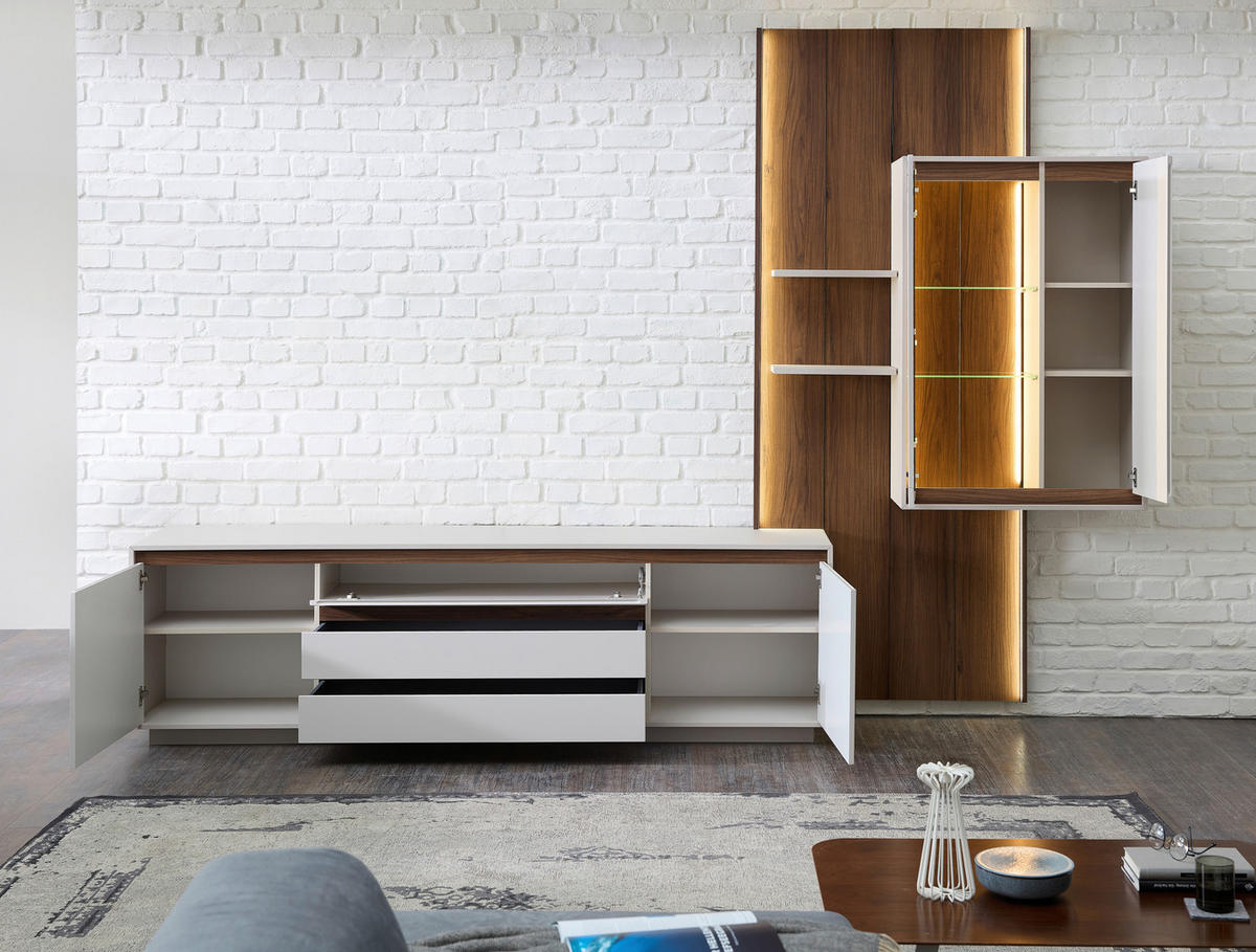 WOHNWAND  in Nussbaumfarben, Kaschmir  320/232/45 cm  - Kaschmir/Nussbaumfarben, Design, Glas/Holzwerkstoff (320/232/45cm) - Stylife