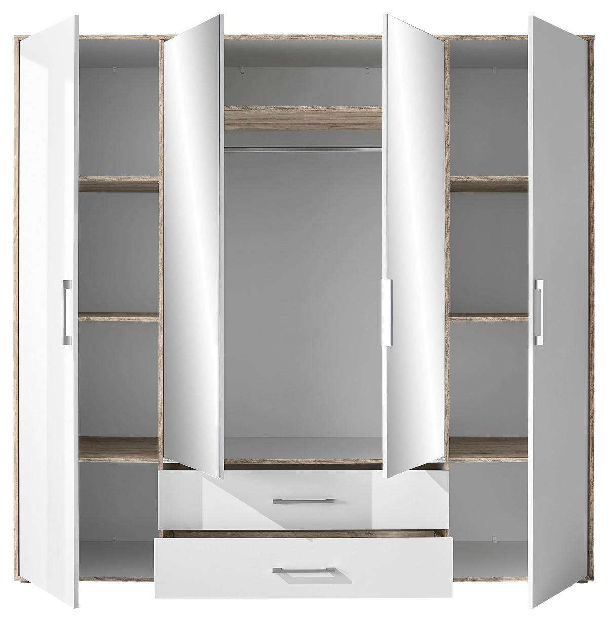 KLEIDERSCHRANK 206/195/60 cm 4-türig Weiß, Alufarben, Eiche San Remo  - Alufarben/Weiß, KONVENTIONELL, Glas/Holzwerkstoff (206/195/60cm) - Boxxx