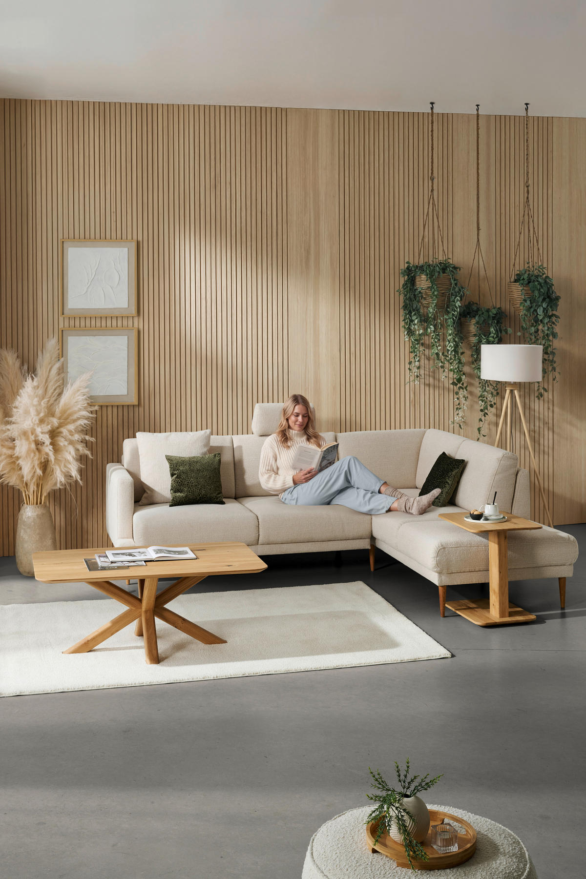 ECKSOFA  in Flachgewebe Beige  255/212 cm  - Eichefarben/Beige, KONVENTIONELL, Holz/Textil (255/212cm) - Valnatura