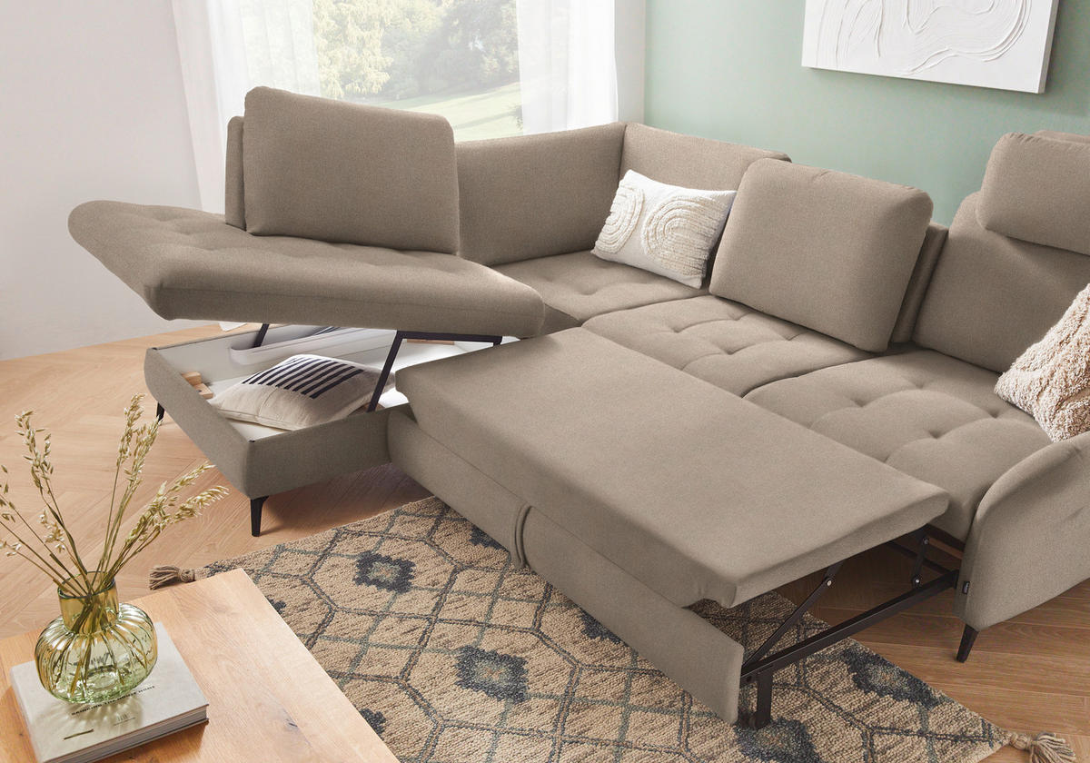 ECKSOFA Beige Flachgewebe  - Beige/Schwarz, Natur, Textil/Metall (233/288cm) - Valnatura