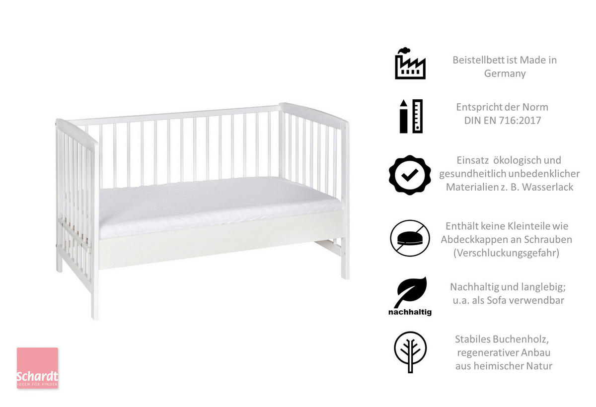 BEISTELLBETT 124/65/77 cm  - Weiß, Basics, Holz (124/65/77cm) - Schardt