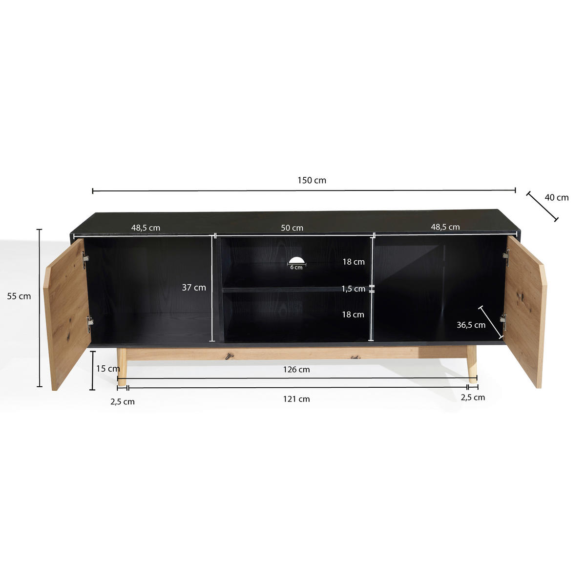 LOWBOARD  in 150/55/40 cm  - Eichefarben/Schwarz, Design, Holz/Holzwerkstoff (150/55/40cm) - Livetastic