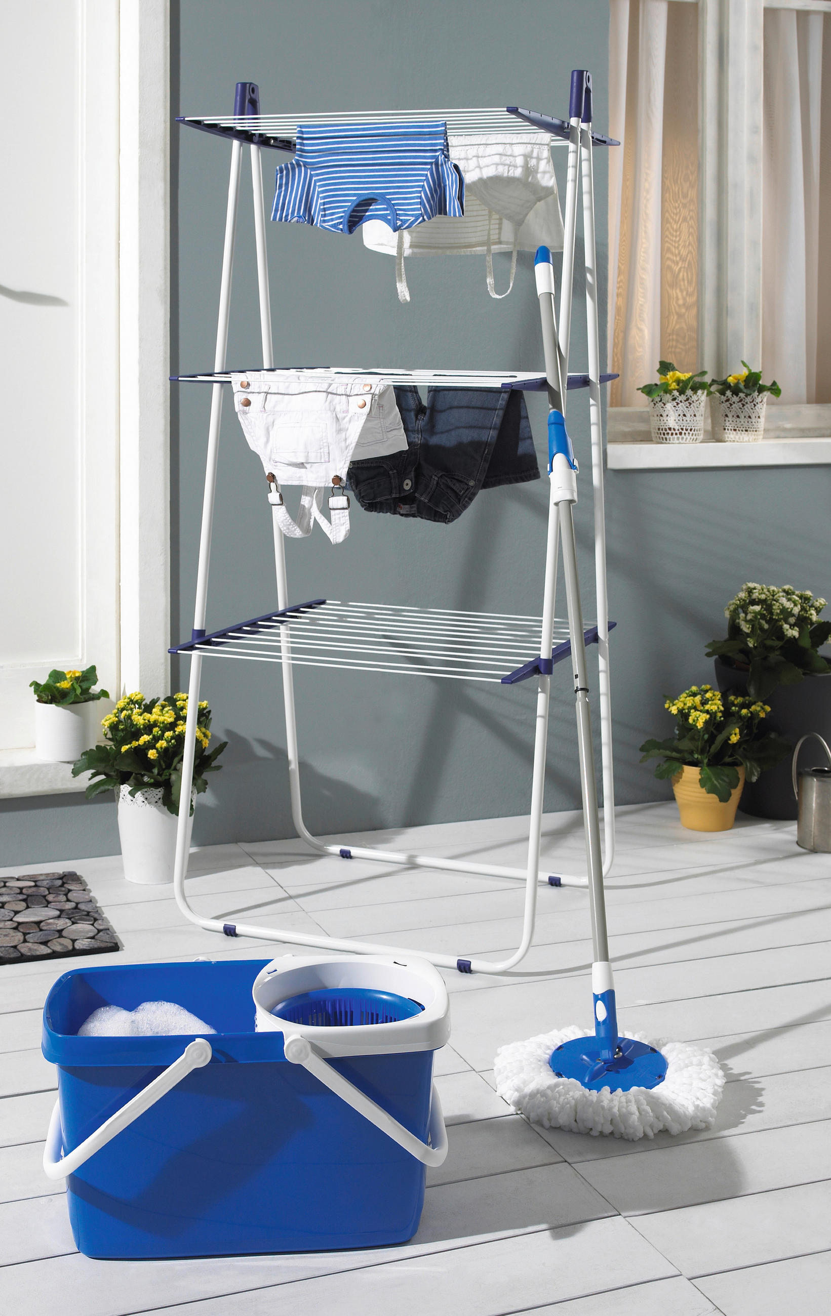 USCĂTOR DE RUFE VERTICAL - albastru/alb, Basics (155/66/61cm) - Leifheit