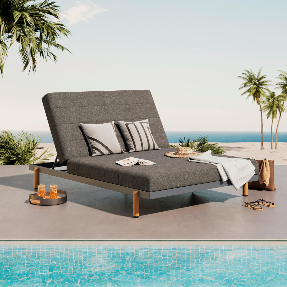 SONNENINSEL 203/38.5/148 cm Aluminium  - Dunkelgrau/Naturfarben, MODERN, Textil/Metall (203/38.5/148cm) - Ambia Garden