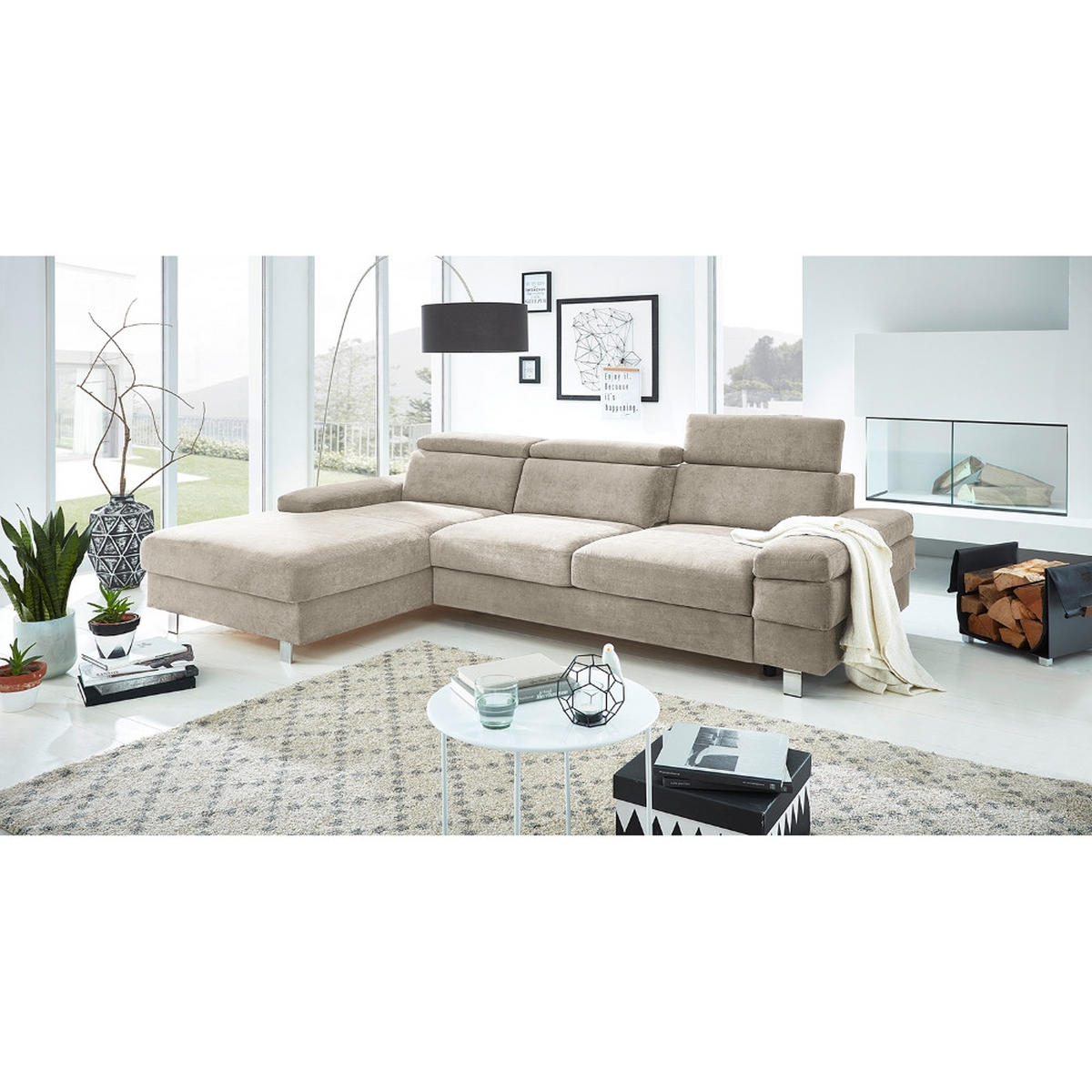ECKSOFA in Webstoff Greige  - Greige/Silberfarben, KONVENTIONELL, Textil/Metall (260/82/182cm) - Trendmanufaktur