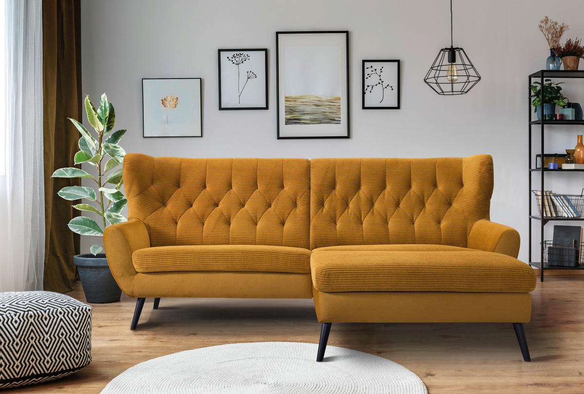 ECKSOFA in Cord Currygelb  - Currygelb/Schwarz, Design, Holz/Textil (237/165cm) - Stylife