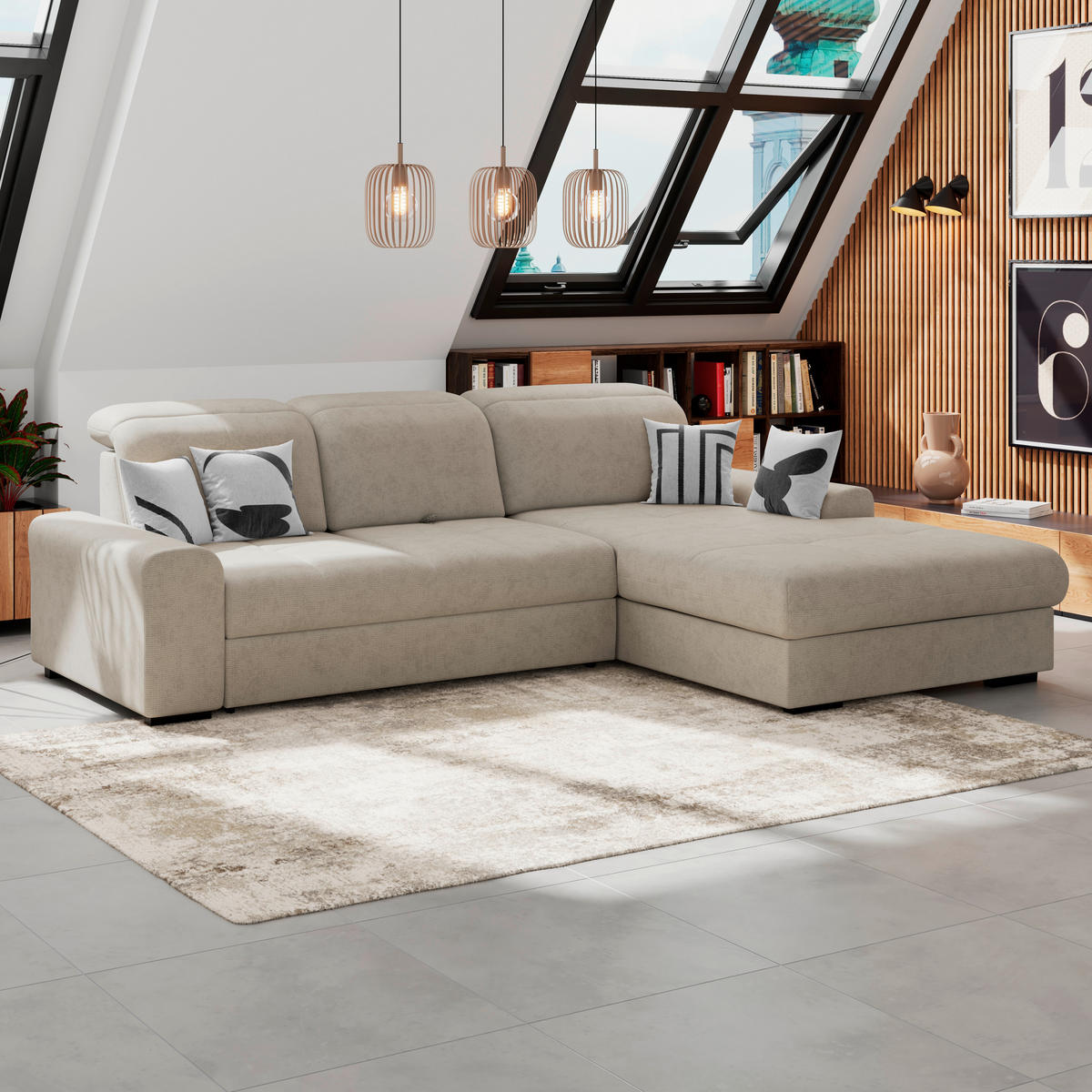 ECKSOFA Beige Chenille Rücken echt, Kopfteilverstellung  - Beige/Schwarz, KONVENTIONELL, Holz/Textil (286/203cm) - MID.YOU