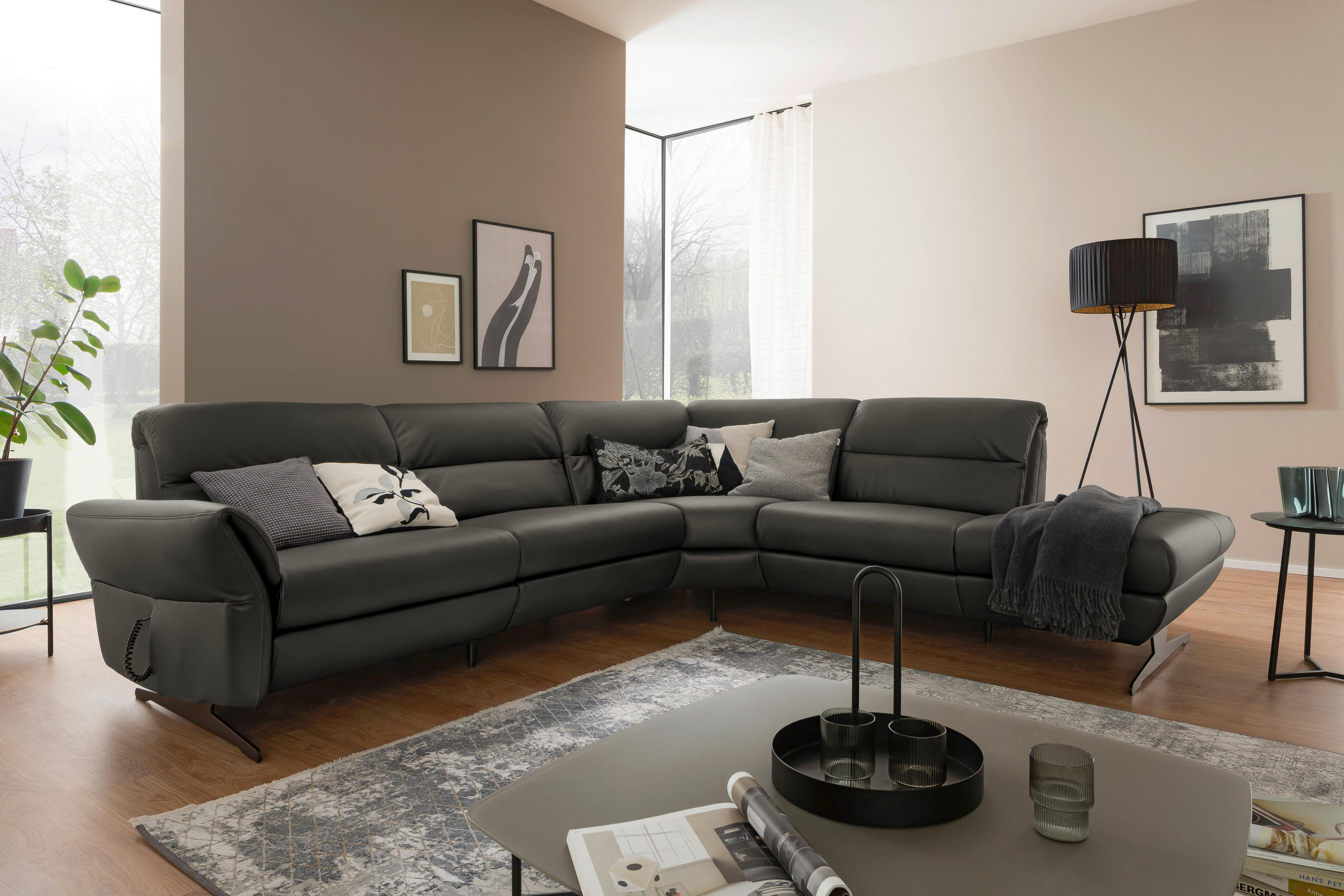 ECKSOFA Dunkelgrau Echtleder  - Dunkelgrau/Schwarz, Design, Leder/Metall (286/258cm) - Schöner Wohnen