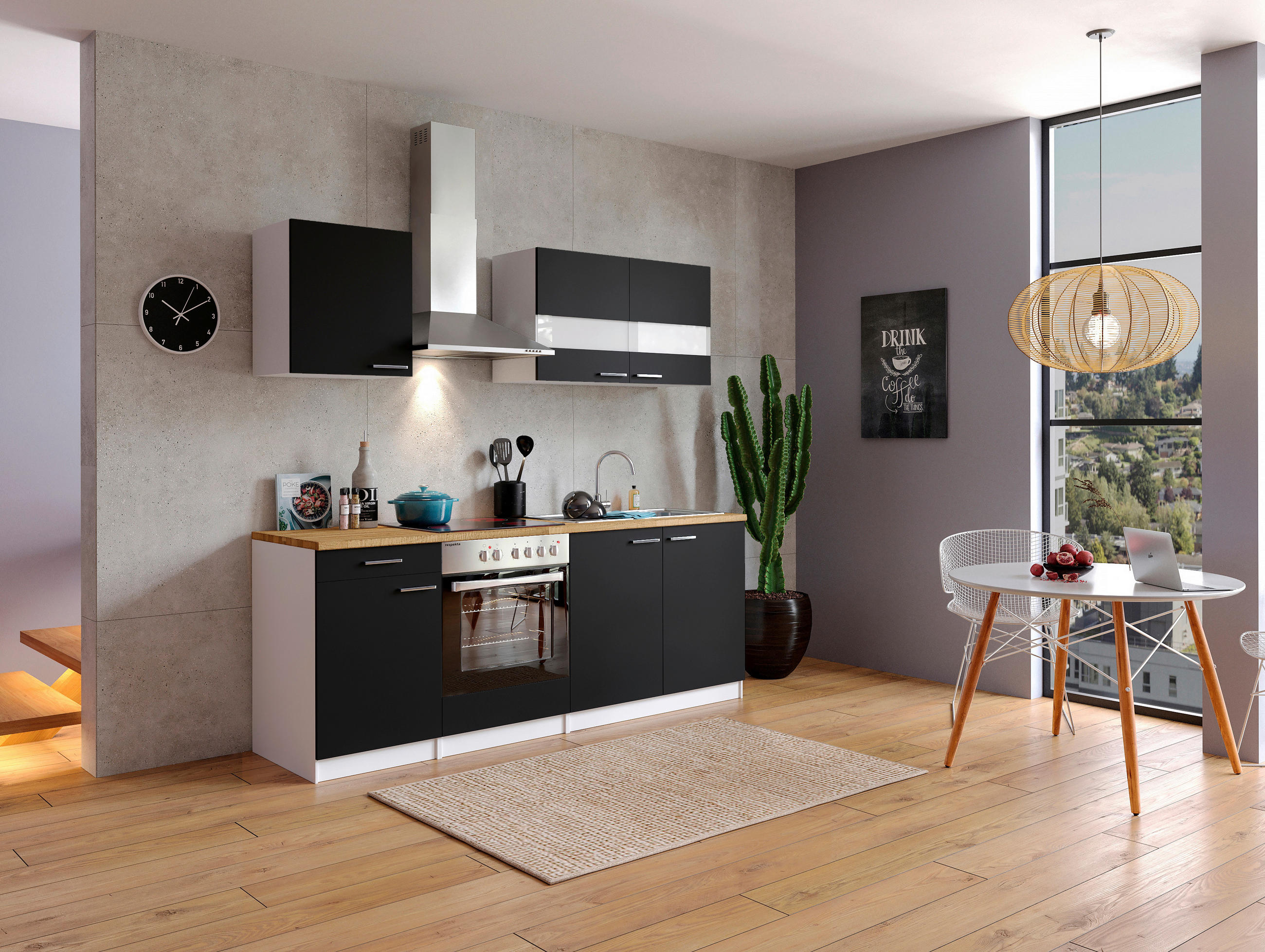 KÜCHENBLOCK 210 cm   in Schwarz  - Edelstahlfarben/Nussbaumfarben, Basics, Holzwerkstoff/Metall (210cm) - Respekta