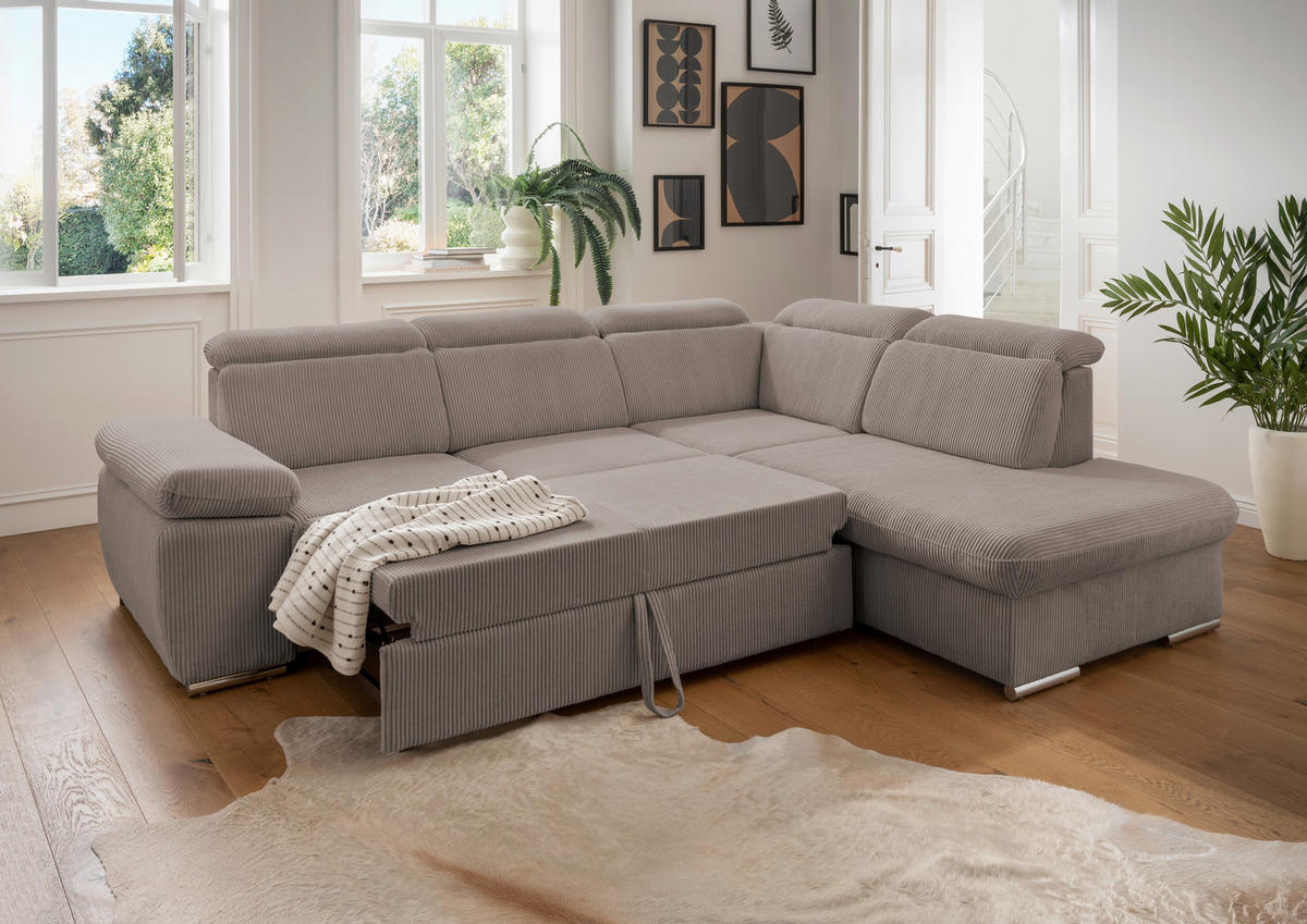 ECKSOFA Graubraun Cord  - Chromfarben/Graubraun, Design, Textil/Metall (283/228cm) - Livetastic