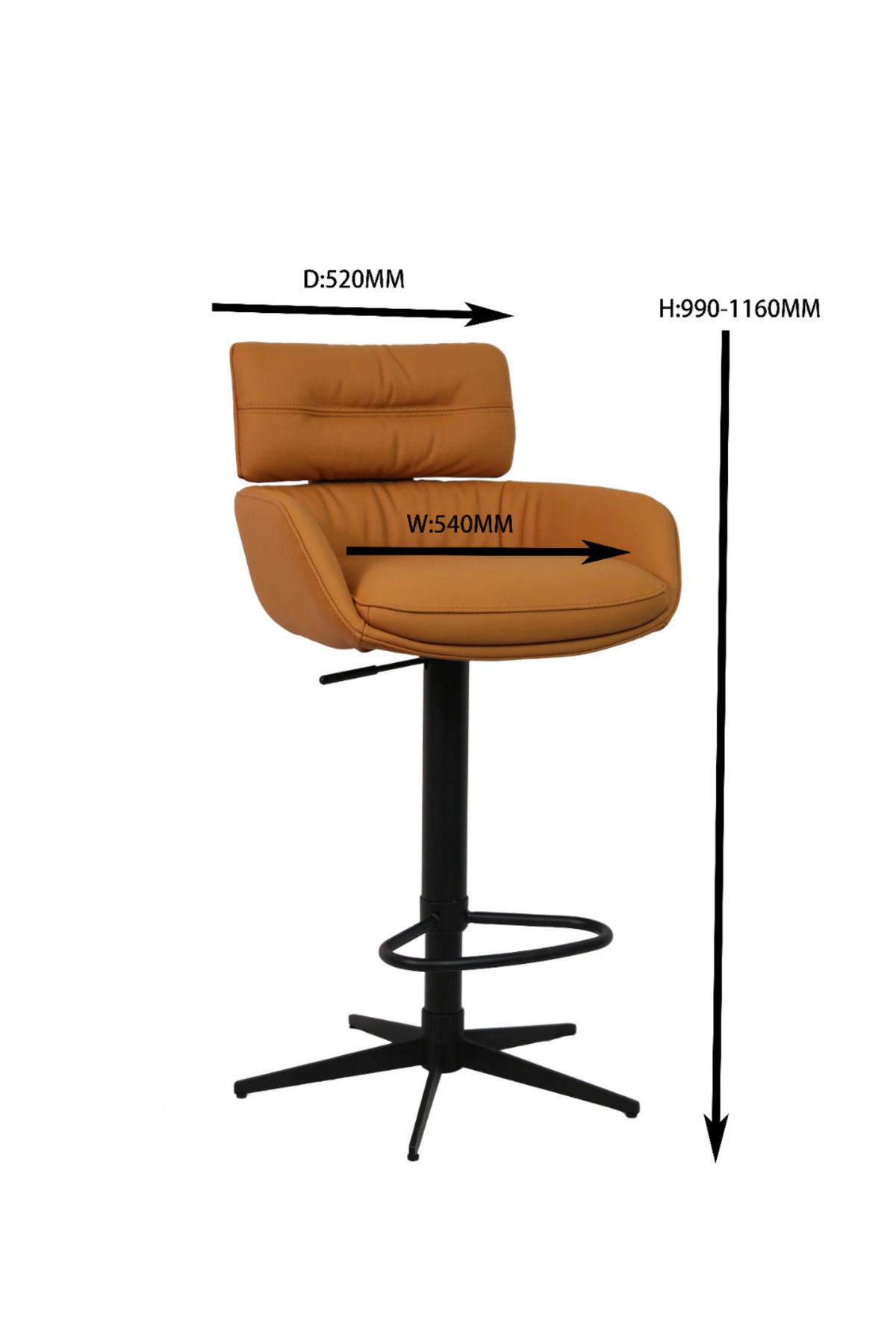 BARHOCKER Echtleder Schwarz, Cognac Eisen Sitzfläche 360° drehbar, Lederauswahl  - Cognac/Schwarz, Design, Leder/Metall (54/99-116.5/52cm) - Dieter Knoll
